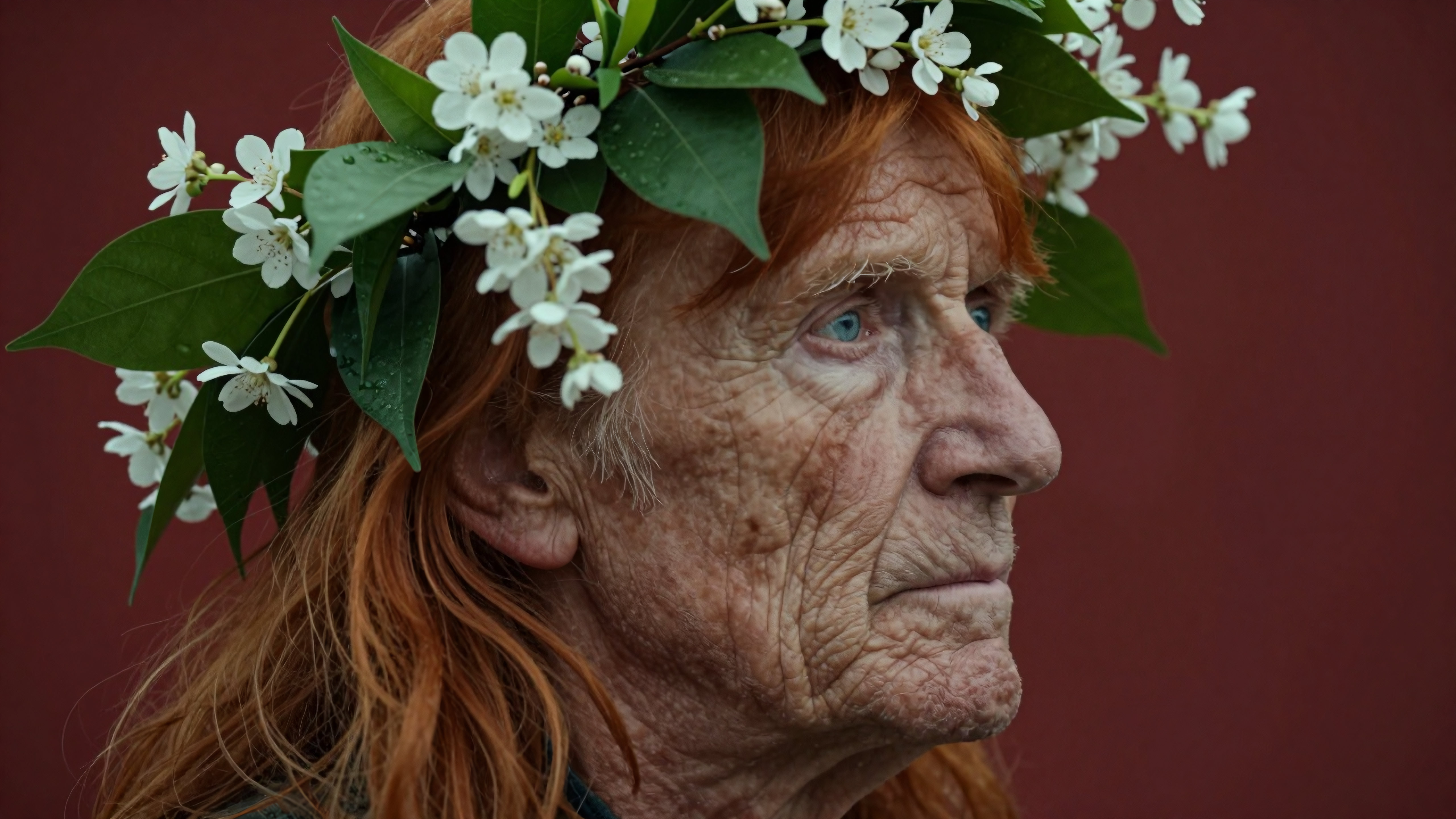 Elderly woman wearing floral crown looking pensively into distance