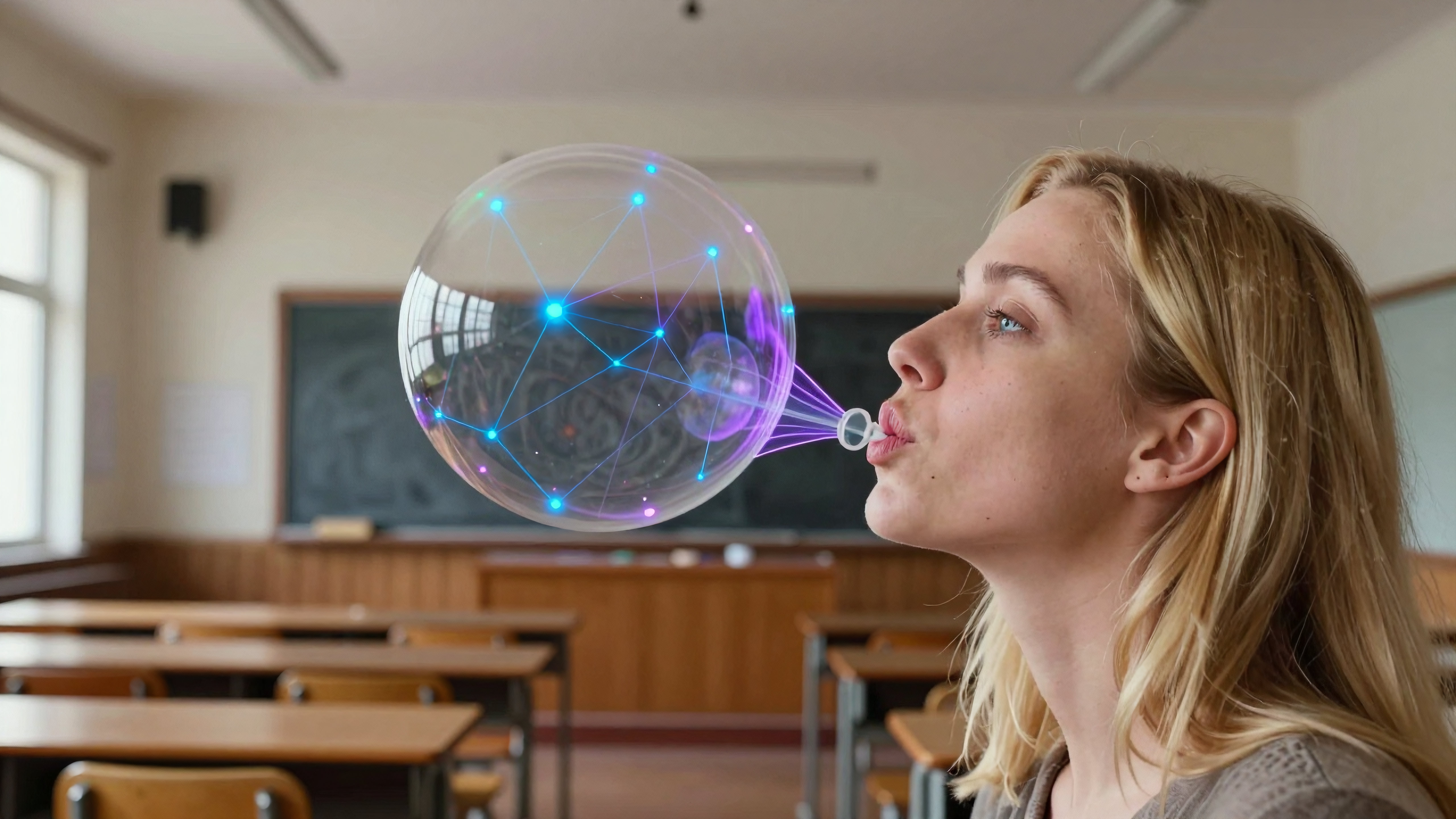 Girl blowing glowing futuristic bubble in empty classroom