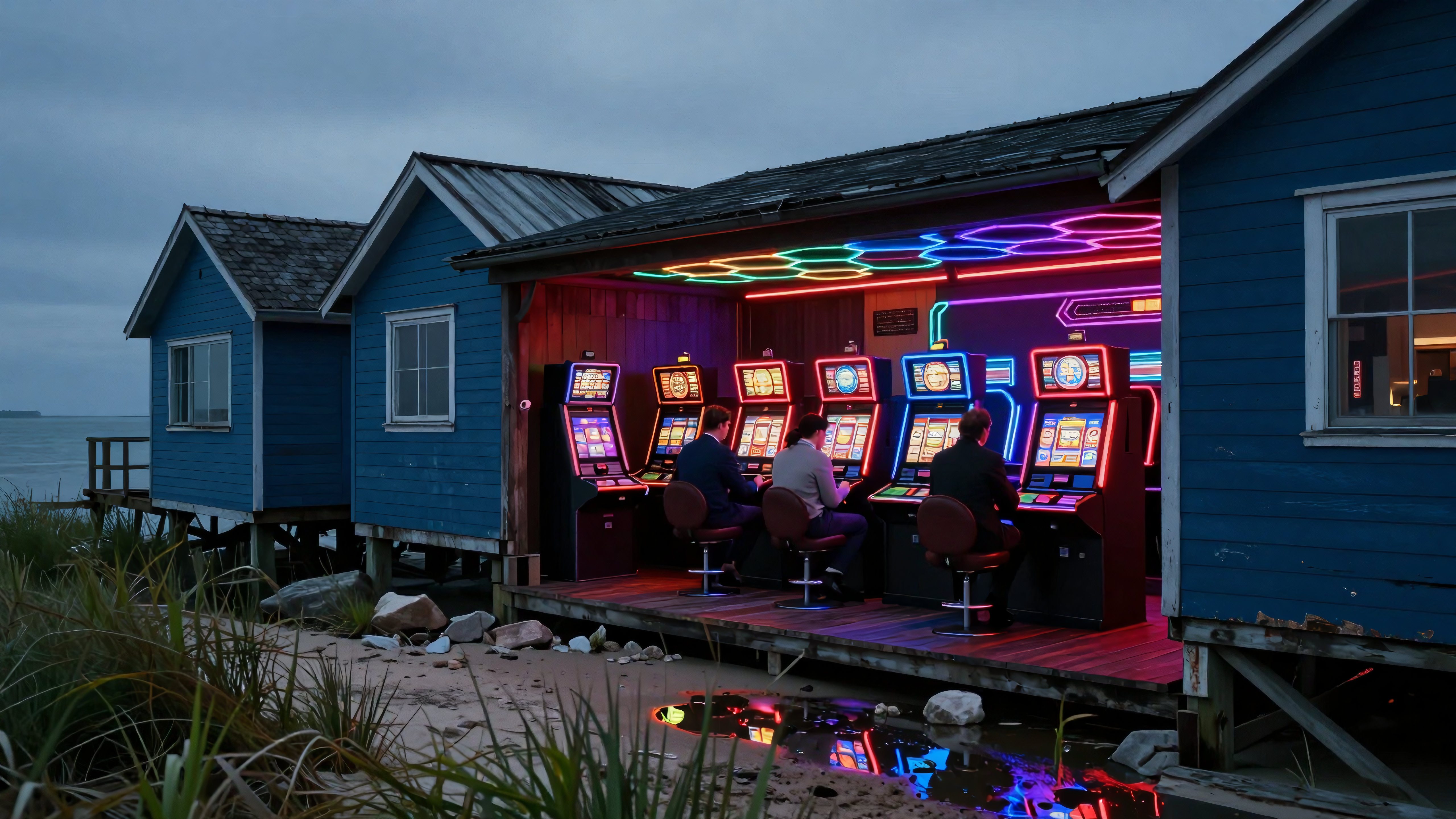 People playing neon slot machines at seaside cabin during twilight