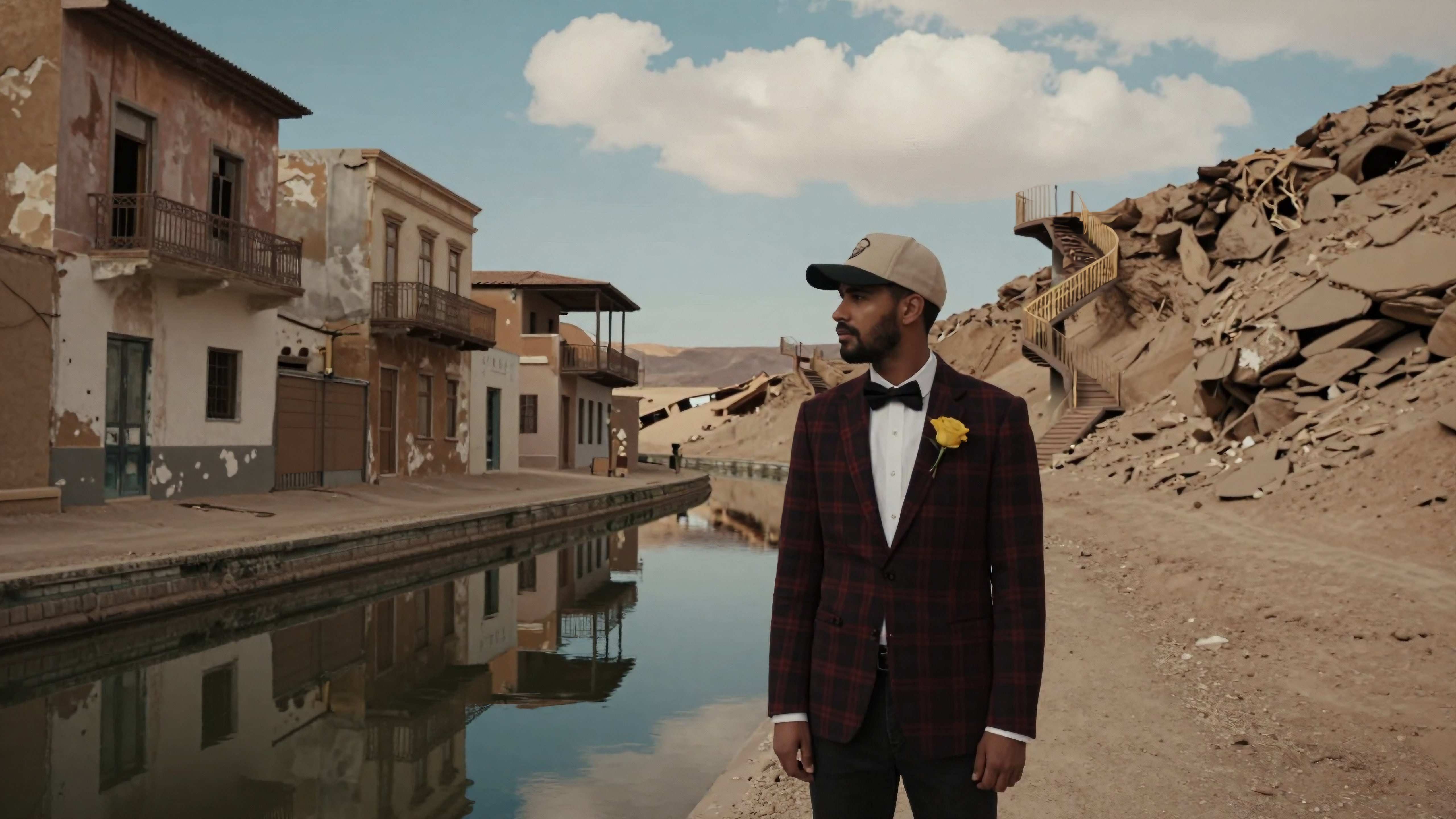 Man in elegant suit standing near ruined canal reflecting old buildings under cloudy sky