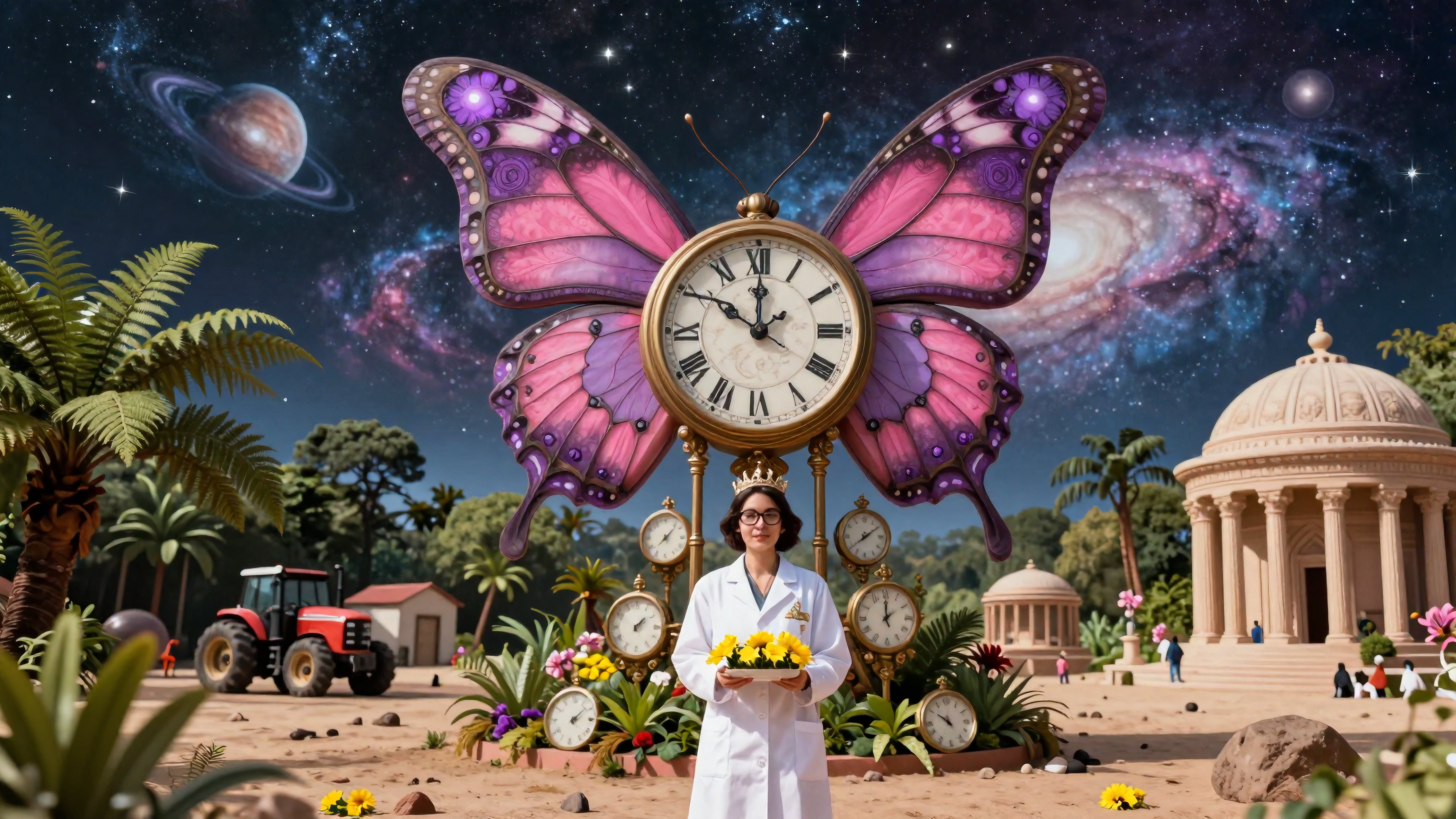 Woman scientist holds flowers under giant butterfly-clock amid cosmos, temples, and tractor in surreal garden scene