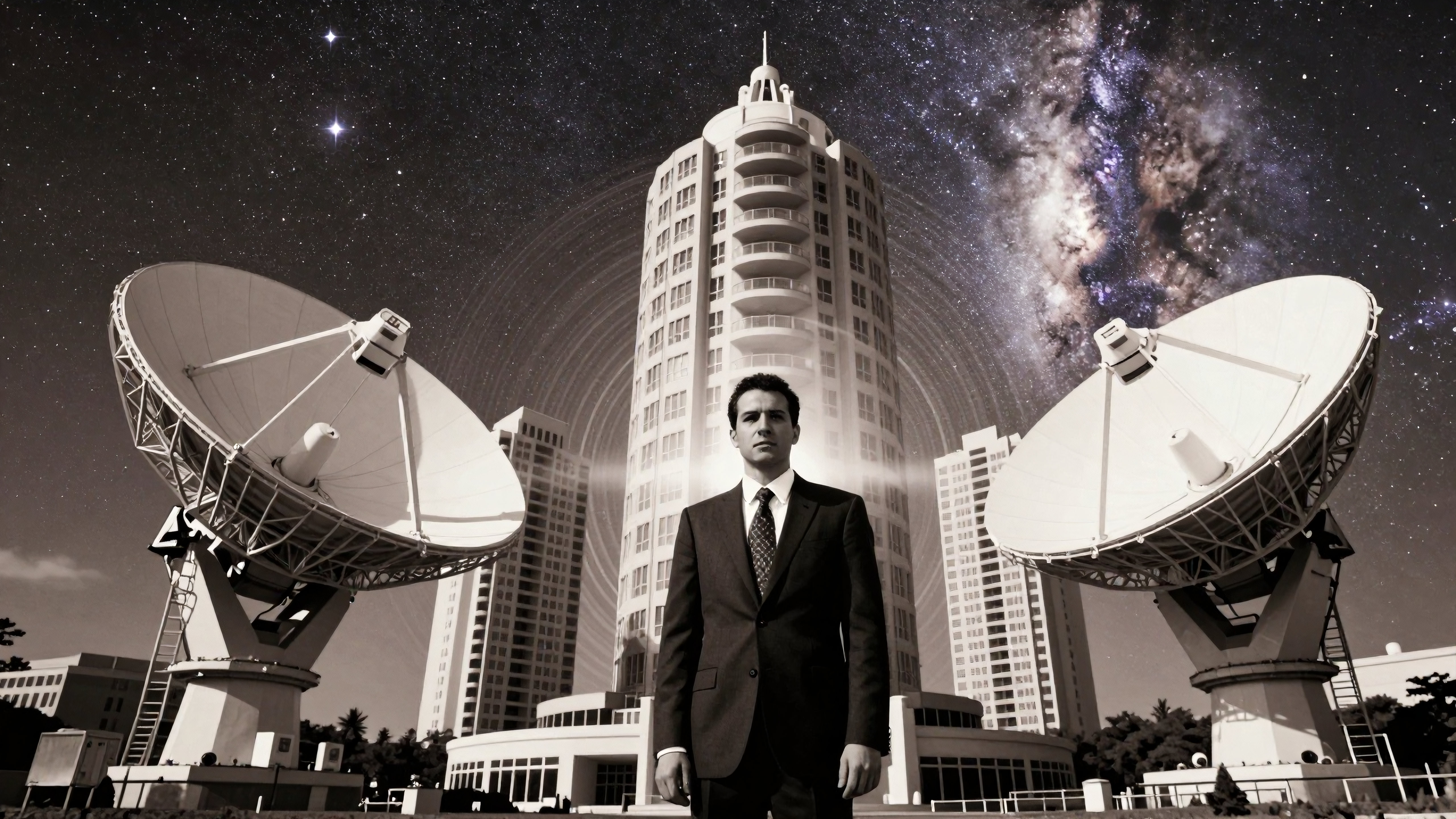 A man in a formal suit stands resolutely between two massive satellite dishes.