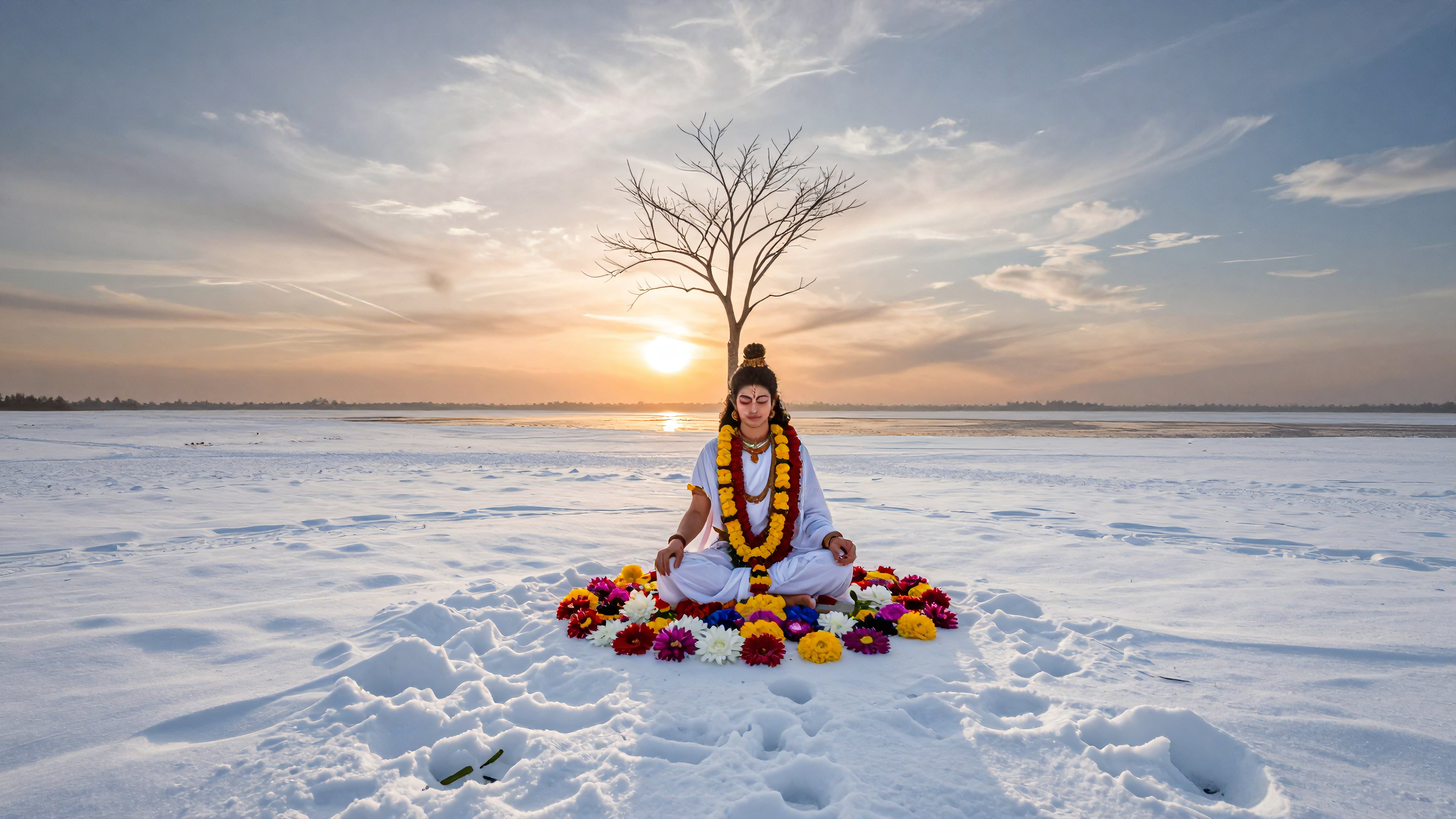 Yogi meditating peacefully under winter sunset surrounded by snow and colorful flower petals