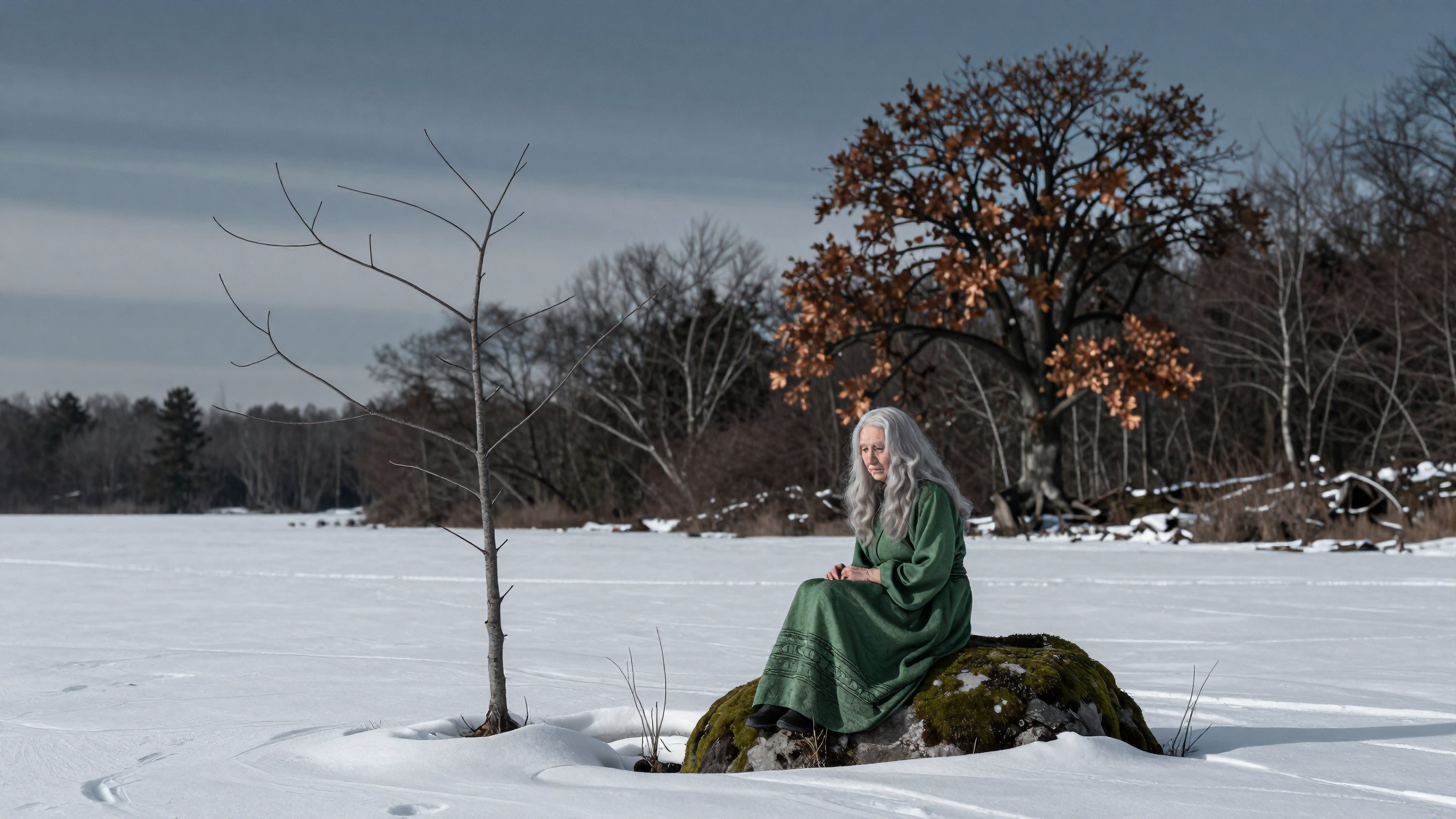 Elderly woman in green dress sitting on mossy rock in snowy winter landscape with bare trees and overcast sky, serene nature scene