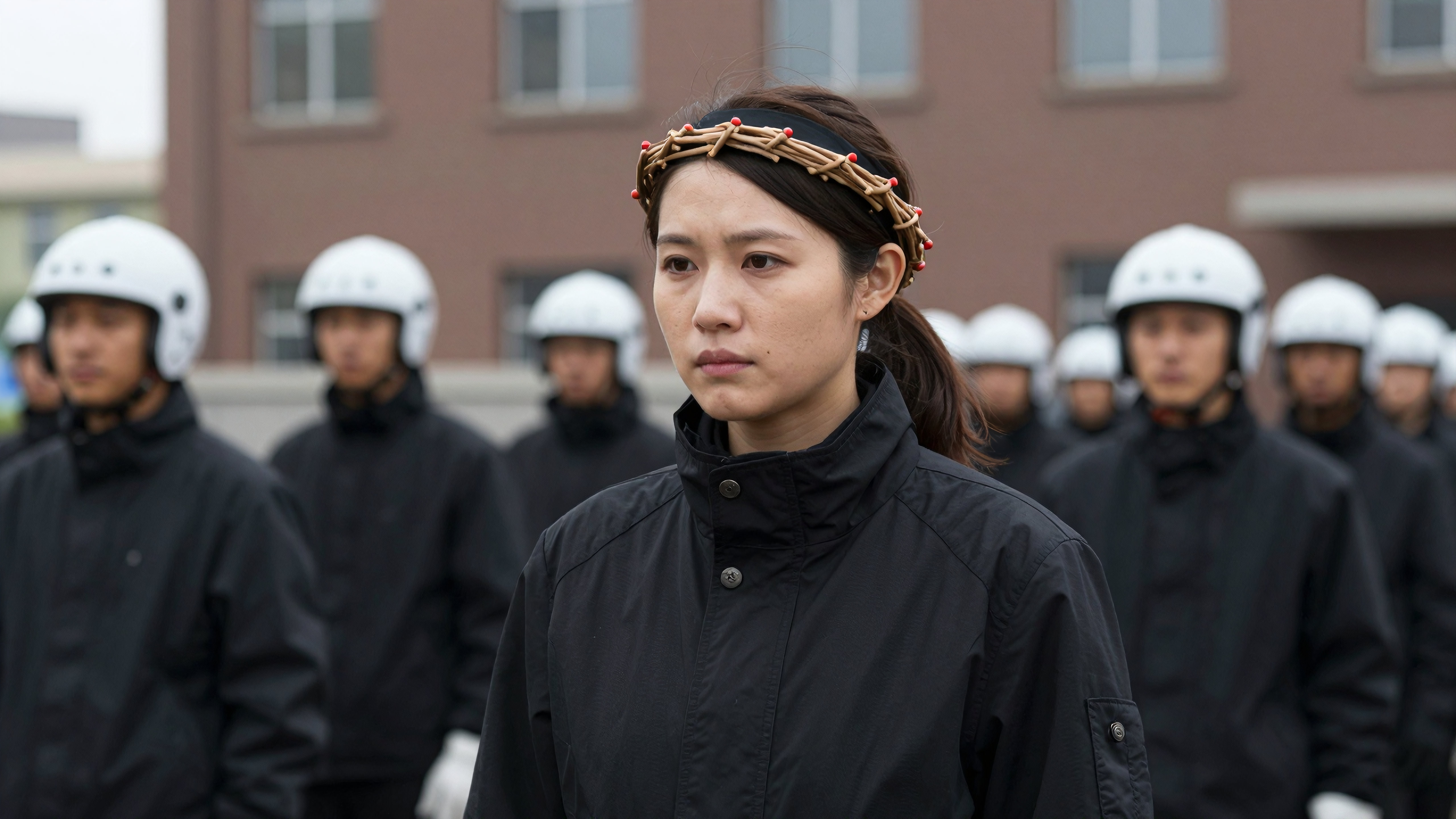 Woman wears symbolic crown among uniformed soldiers outdoors