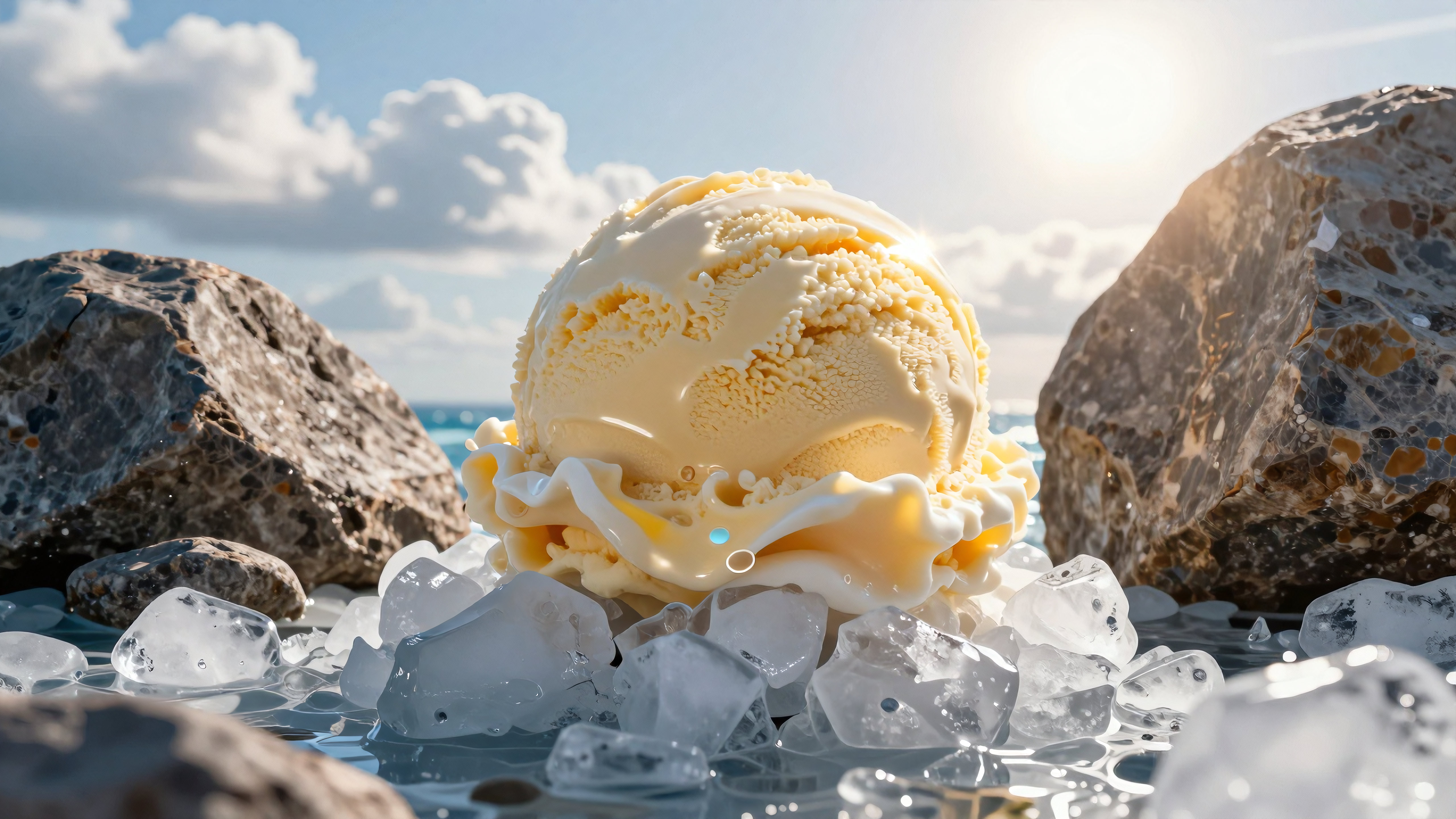 Creamy vanilla ice cream melting over ice on sunny beach beside rocks