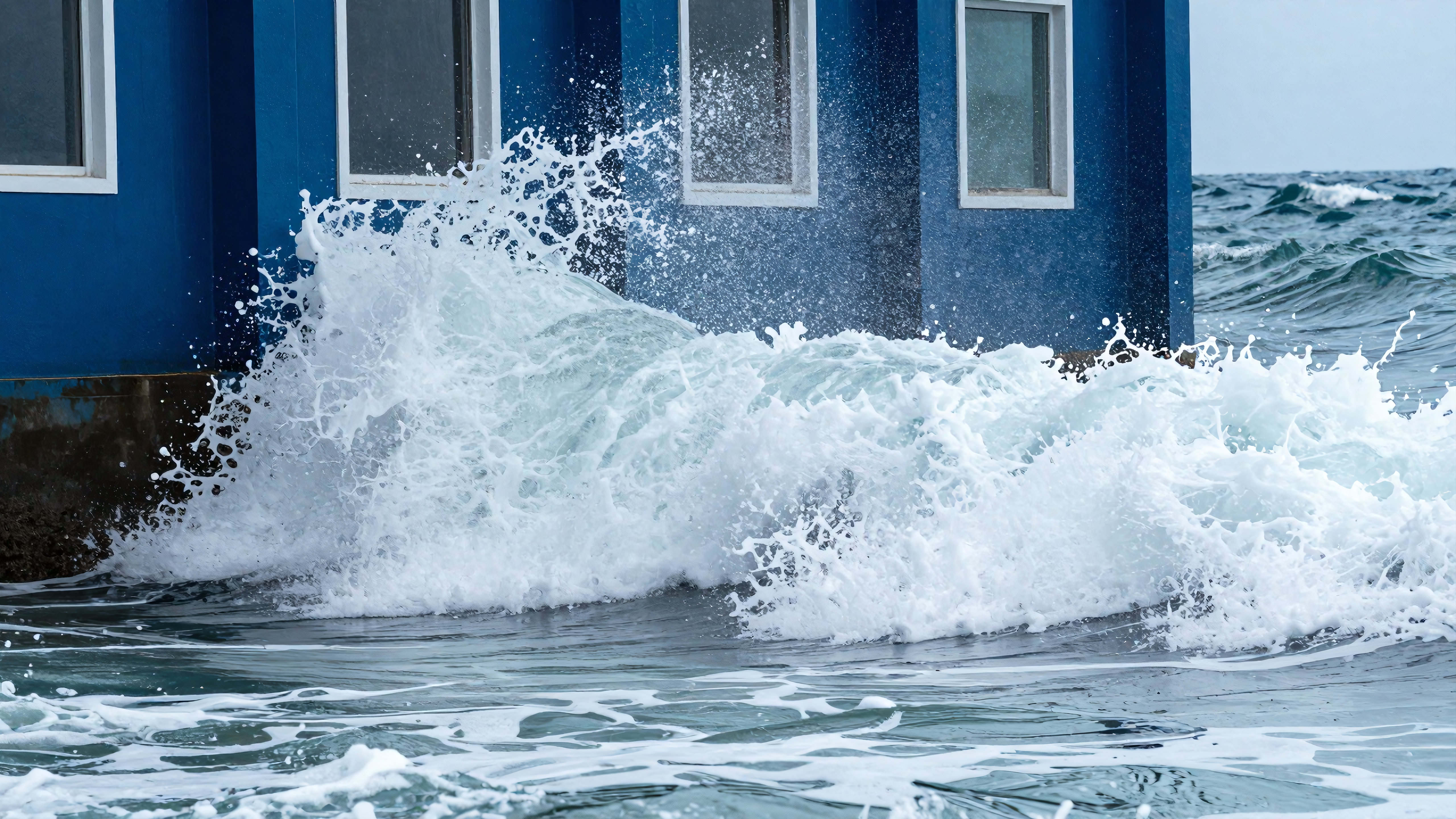 Powerful ocean wave crashing against blue seaside building with splashing foam