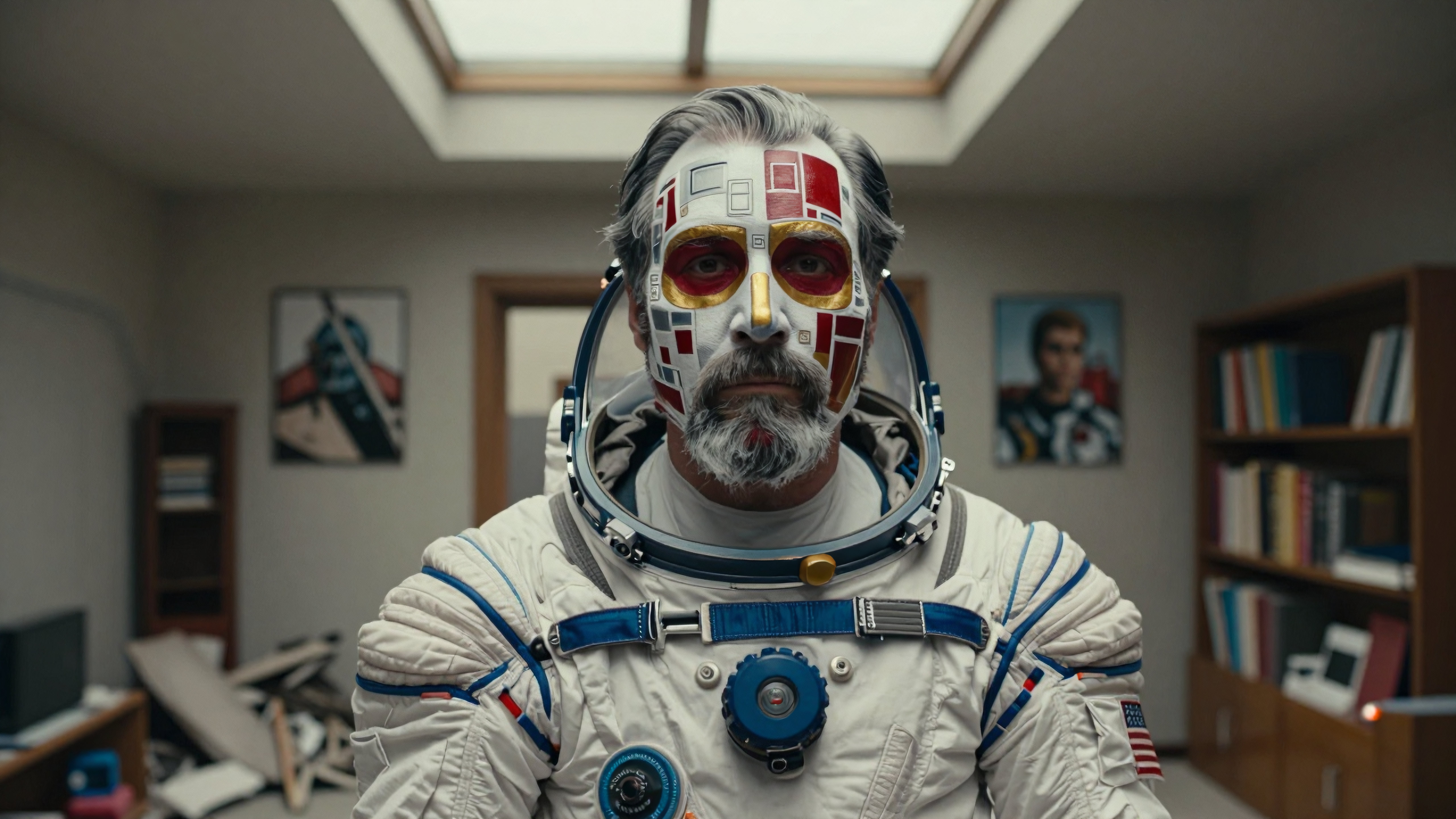 Elder astronaut wears futuristic face-painted suit indoors near shelves