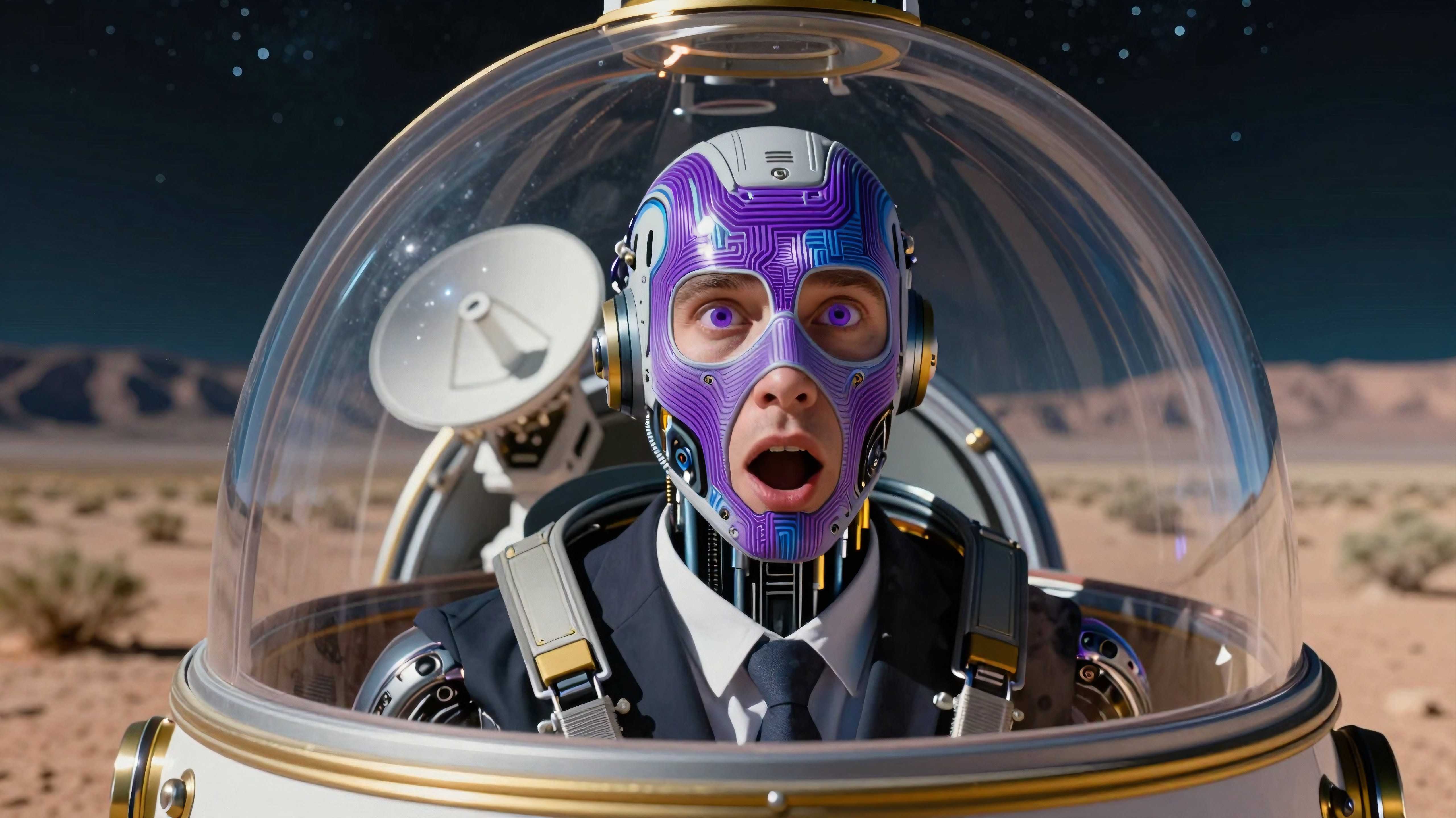 Futuristic astronaut shocked in alien desert wearing high-tech helmet with glowing circuits surrounded by satellites and starlit skies