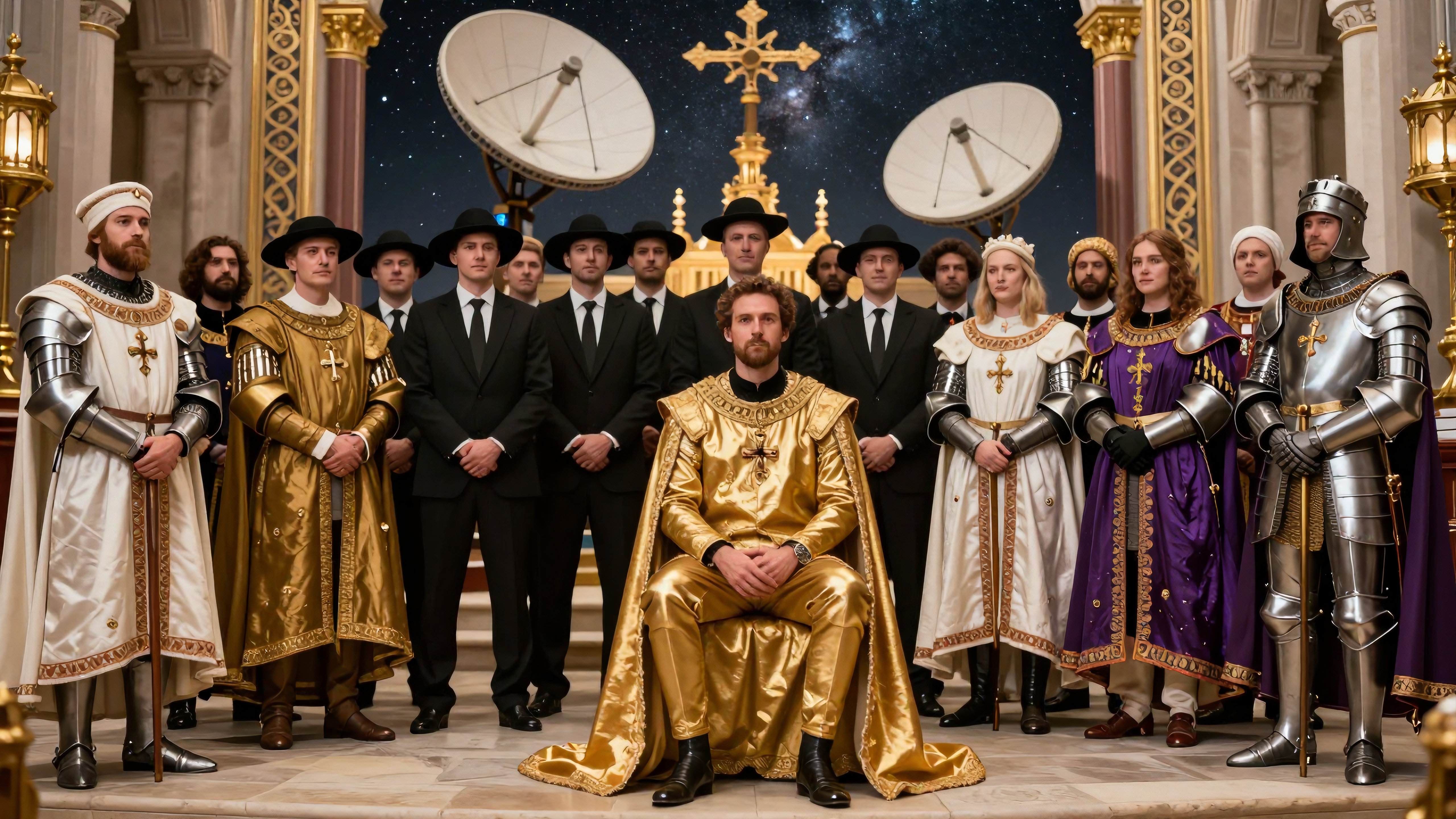 Medieval knights and modern businessmen pose together beneath giant satellites and a starry sky near a golden throne.