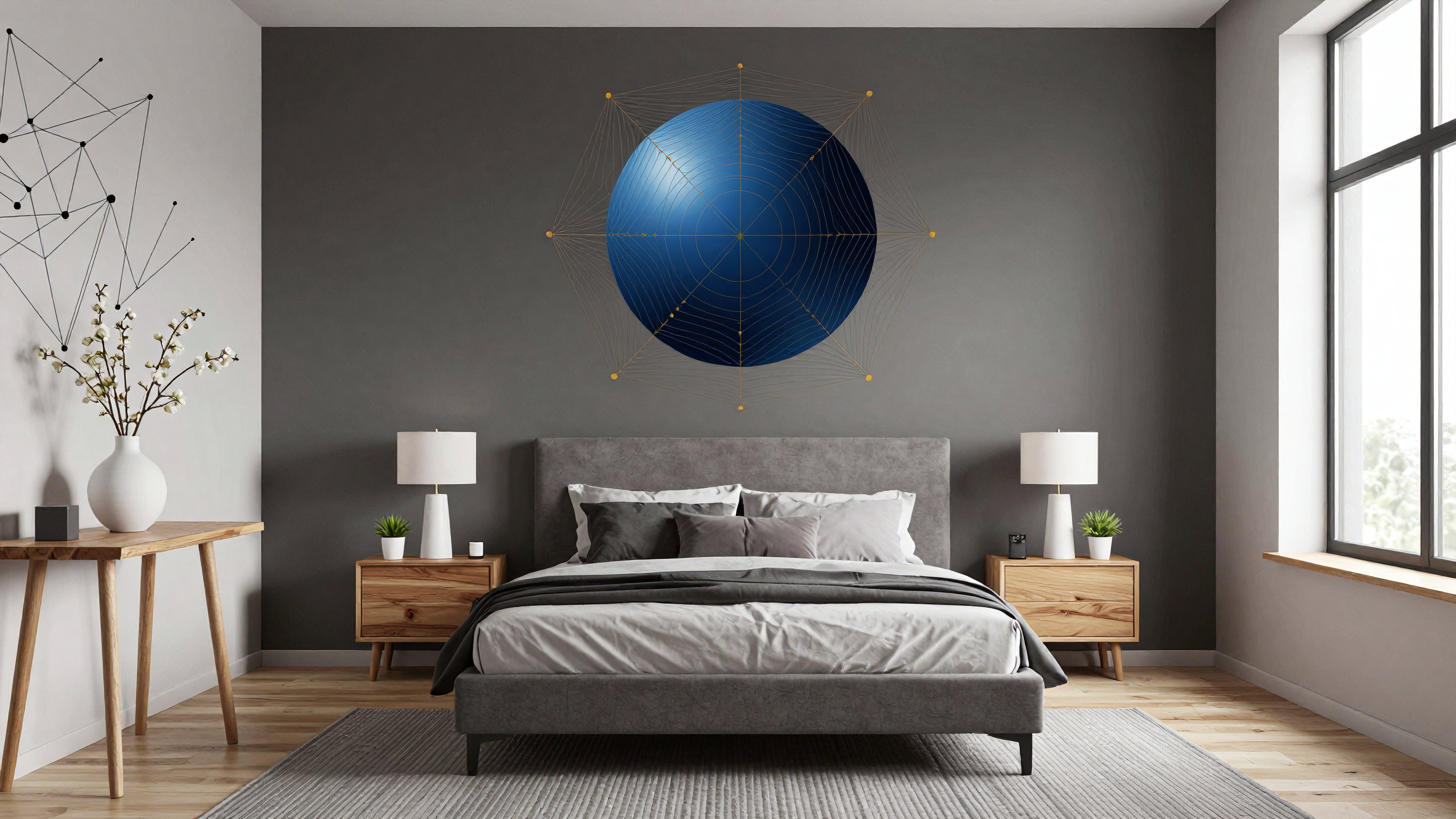 Modern minimalist bedroom with sleek furniture, large window, geometric wall art, and warm wood accents.