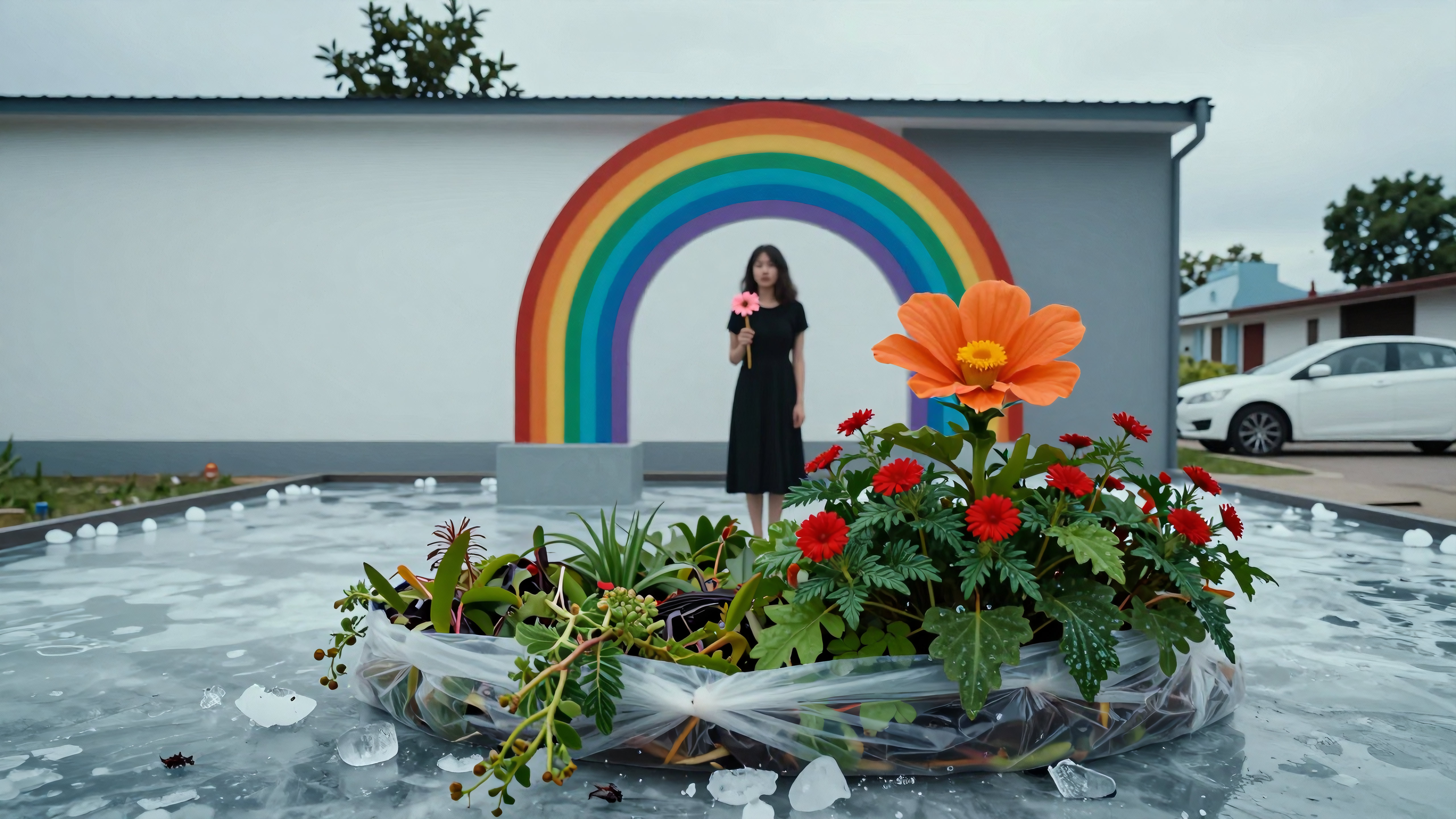 Rainbow Arch with Woman Holding Flower and Floral Display on Ice