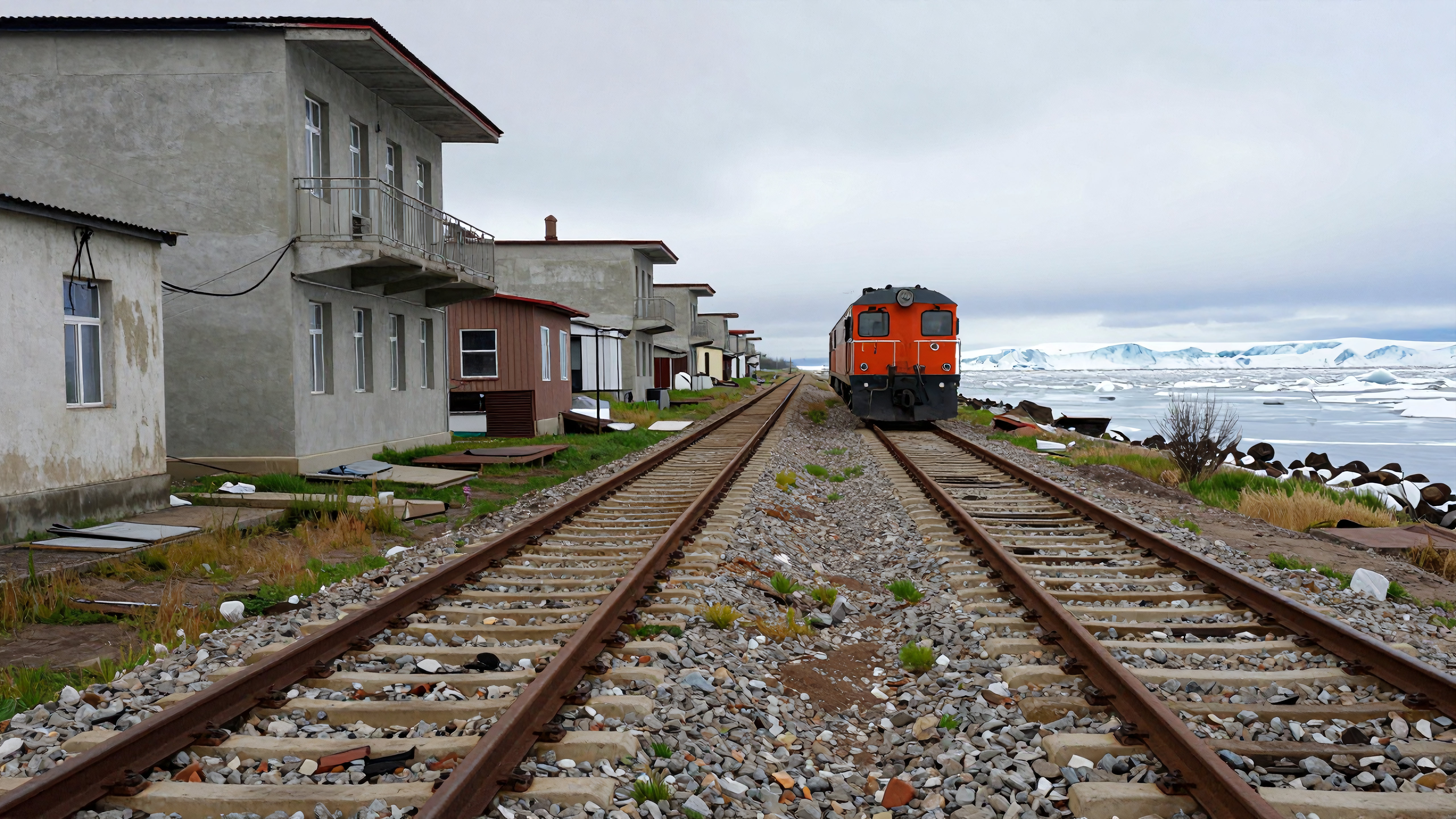 Red train approaching on coastal railroad tracks near ice-covered waters, with weathered buildings and snow-capped mountains in the background