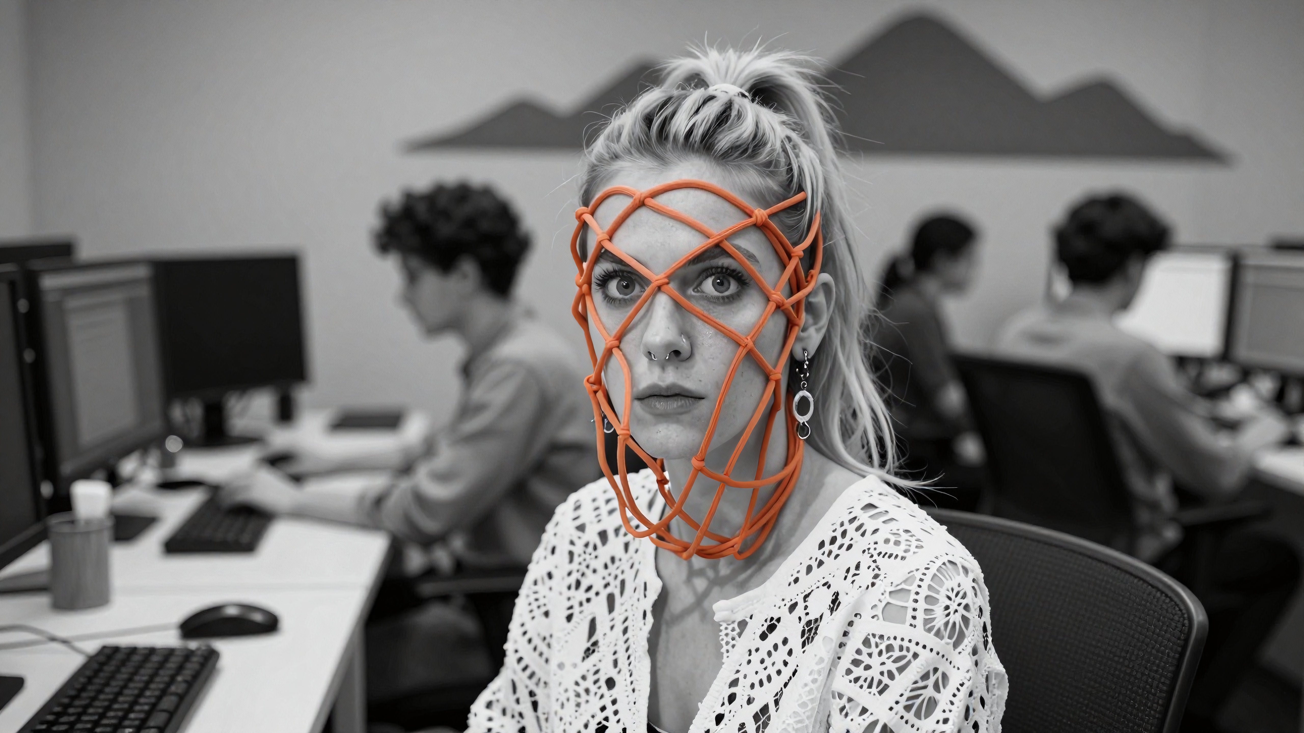 Woman wearing futuristic orange mesh face mask in modern office workspace