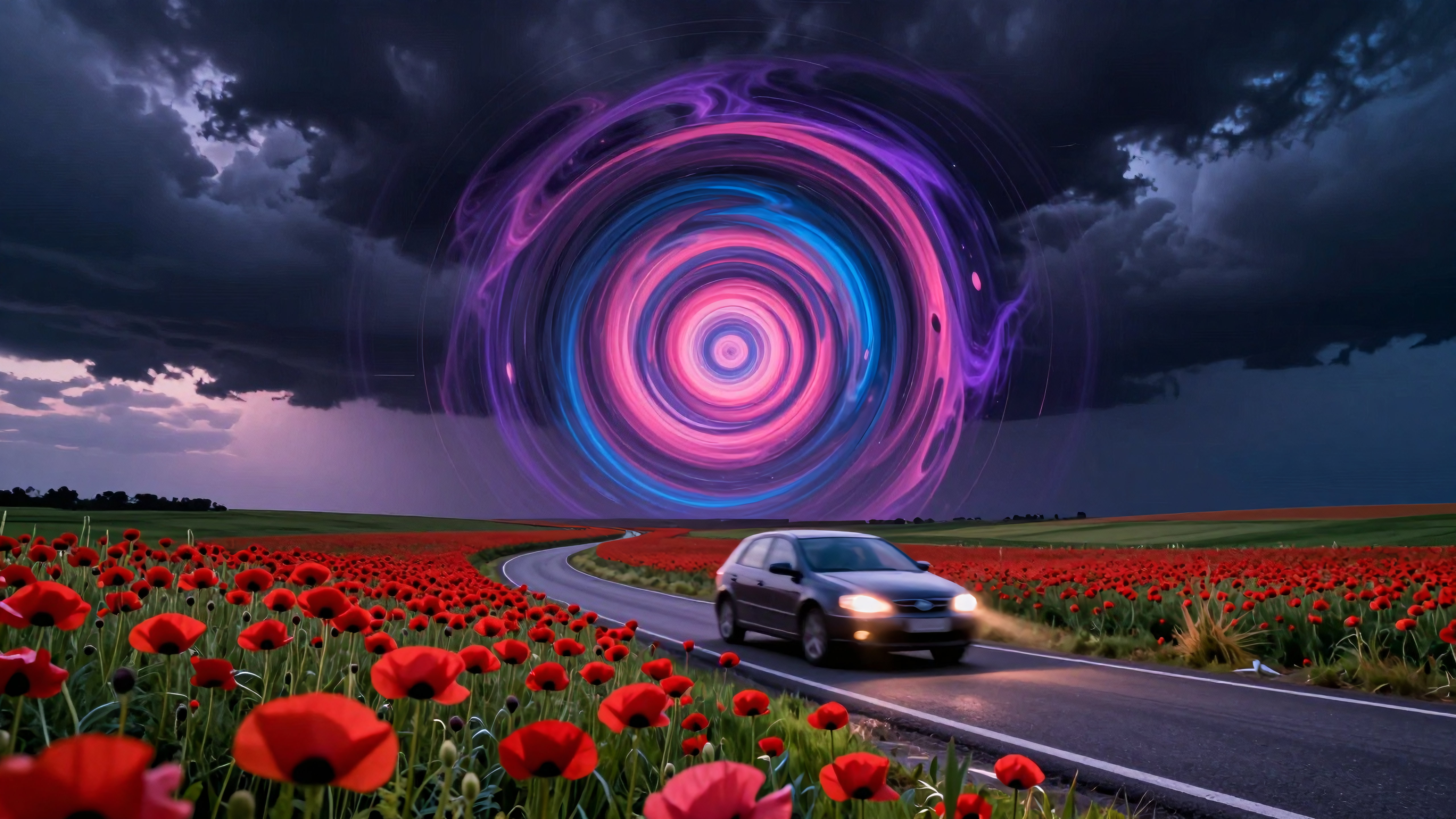 Car driving through poppy fields near cosmic vortex portal