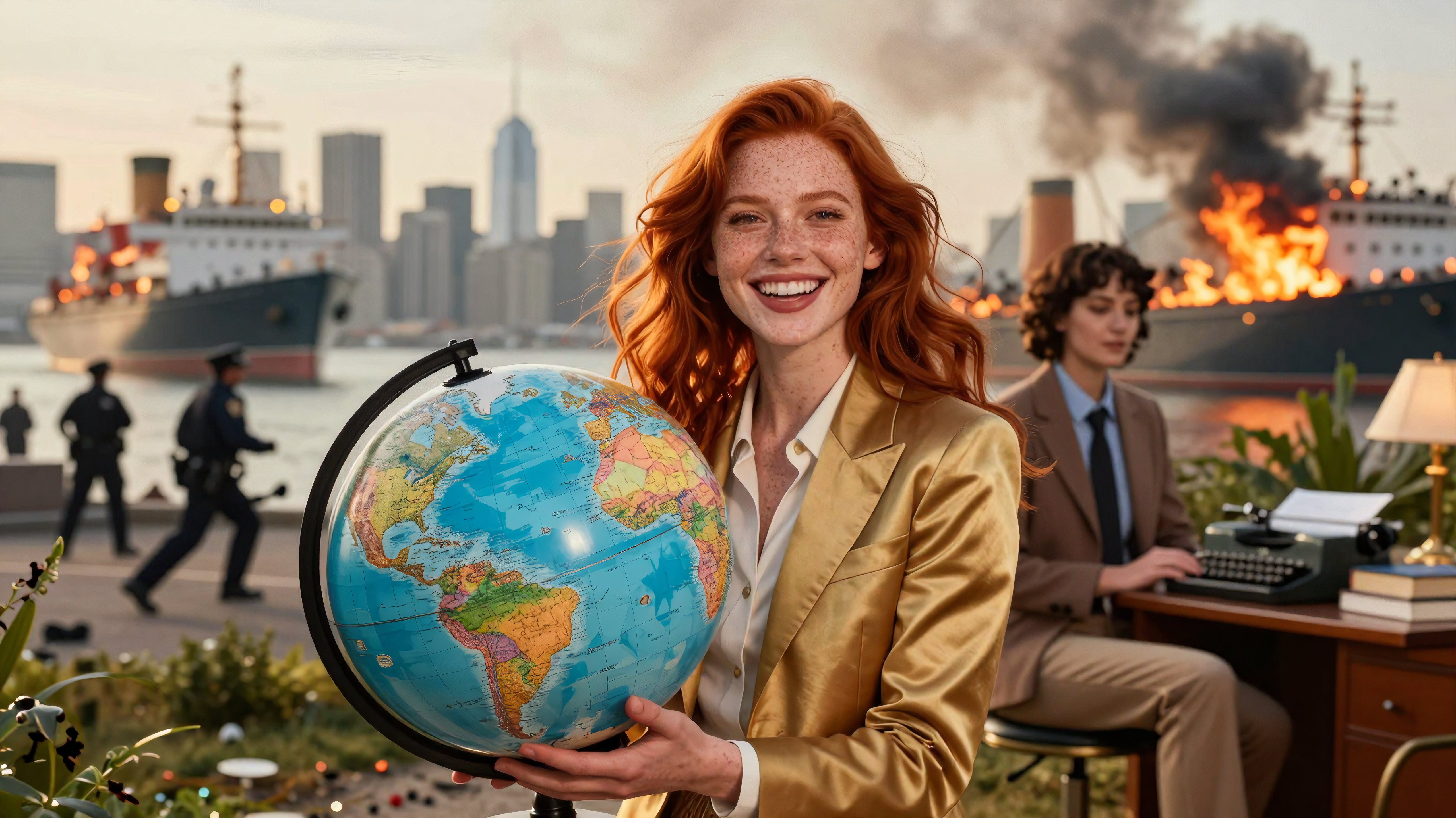Red - haired woman holding globe with burning ships, city skyline, and police in background.