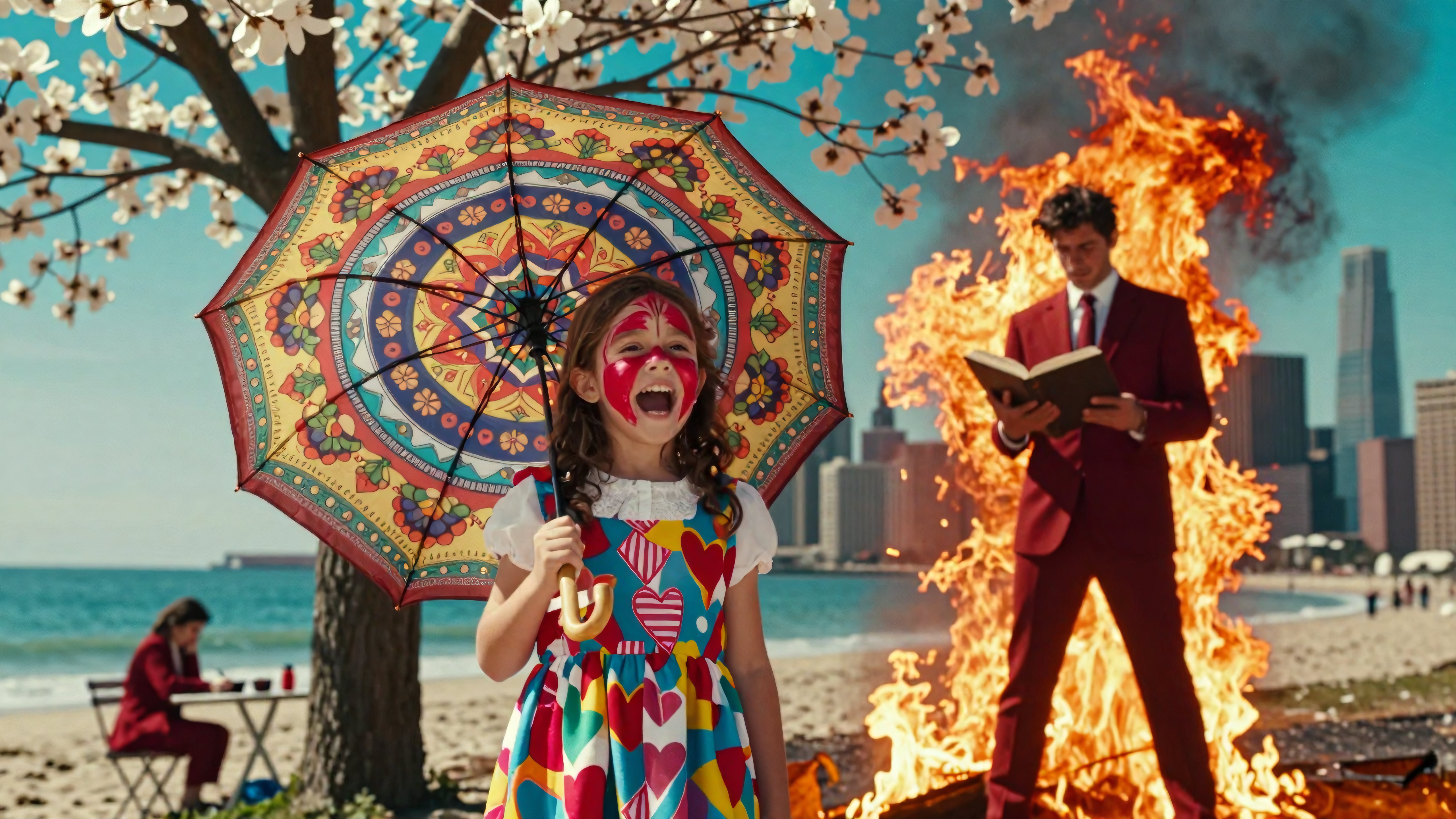 Girl holding colorful umbrella laughs on flaming beach beside suited man reading book