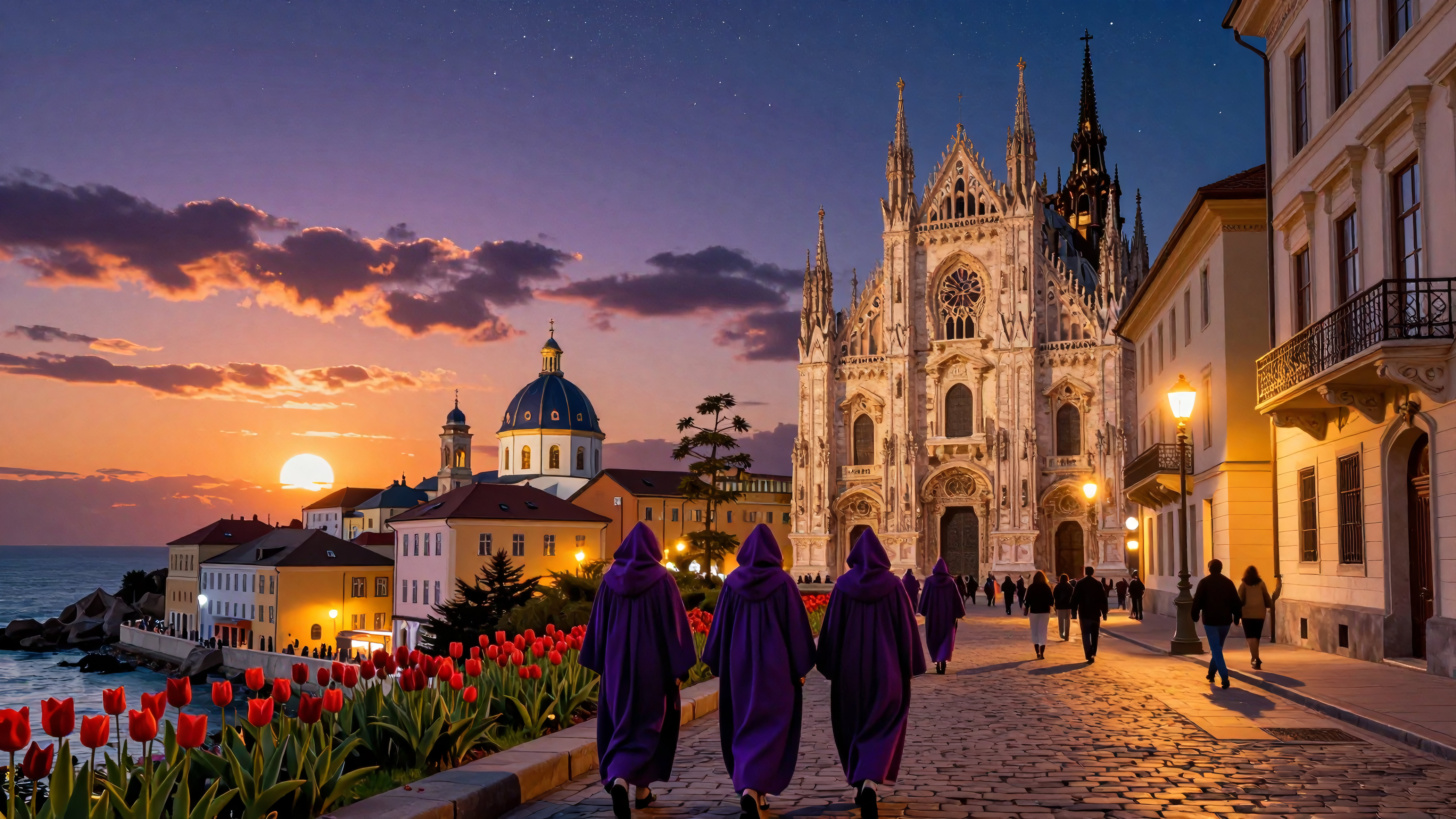 Pilgrims in Purple Robes before a Gothic Cathedral at Sunset