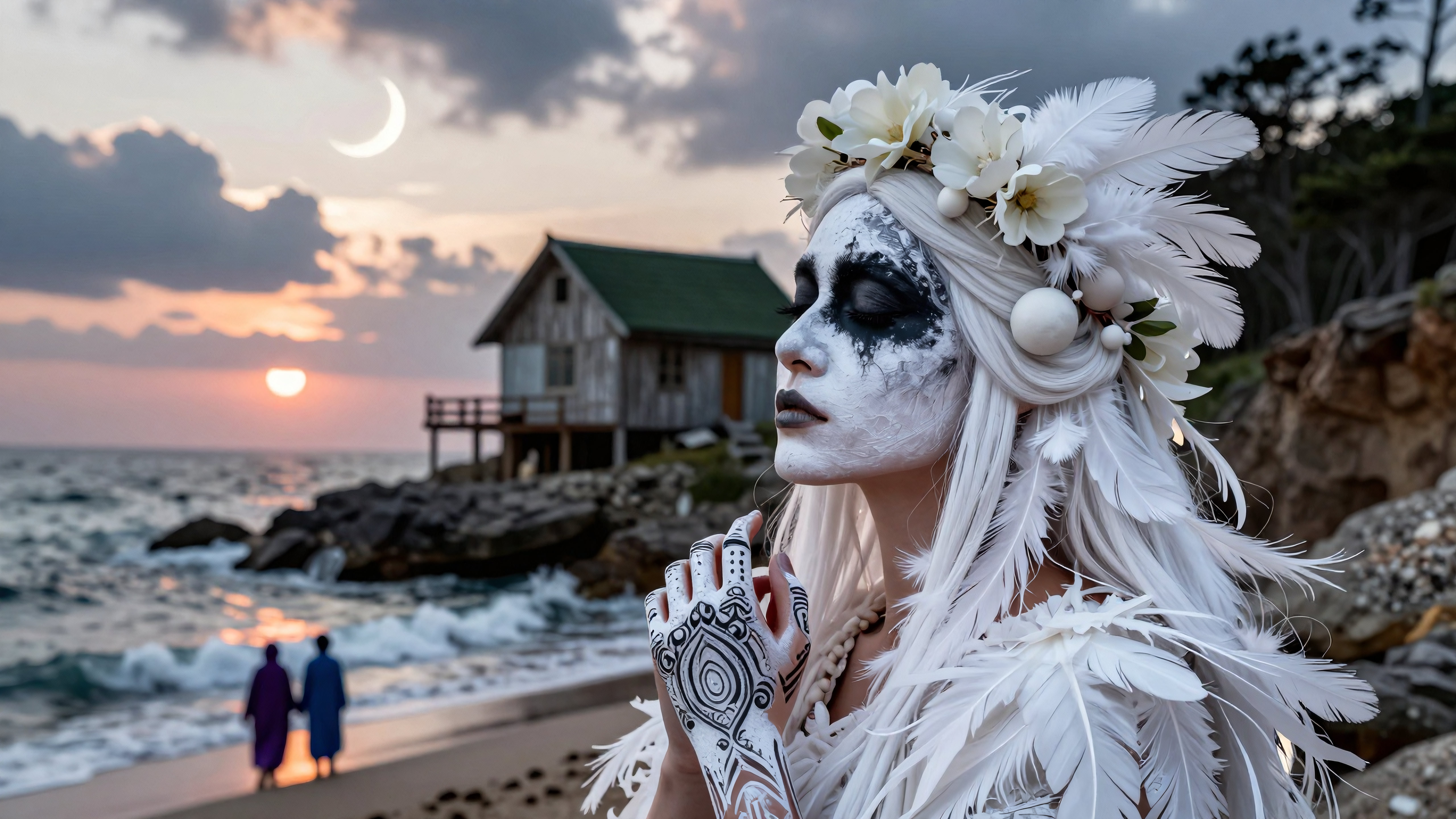 Woman in white feather costume meditating on seaside cliffside at golden hour under double-sky phenomenon
