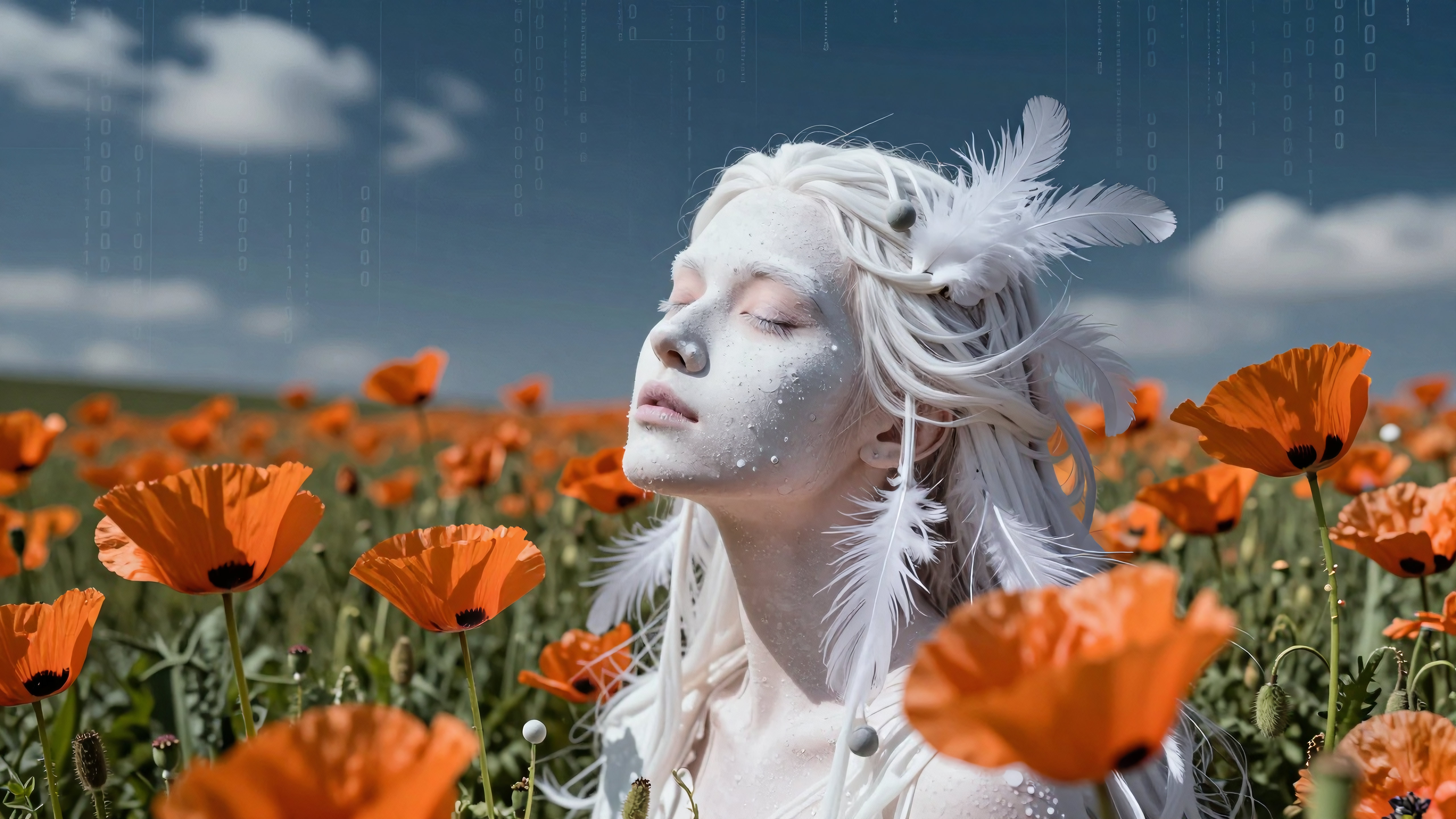 Woman meditating among orange poppies with floating digital code and feathered headpiece