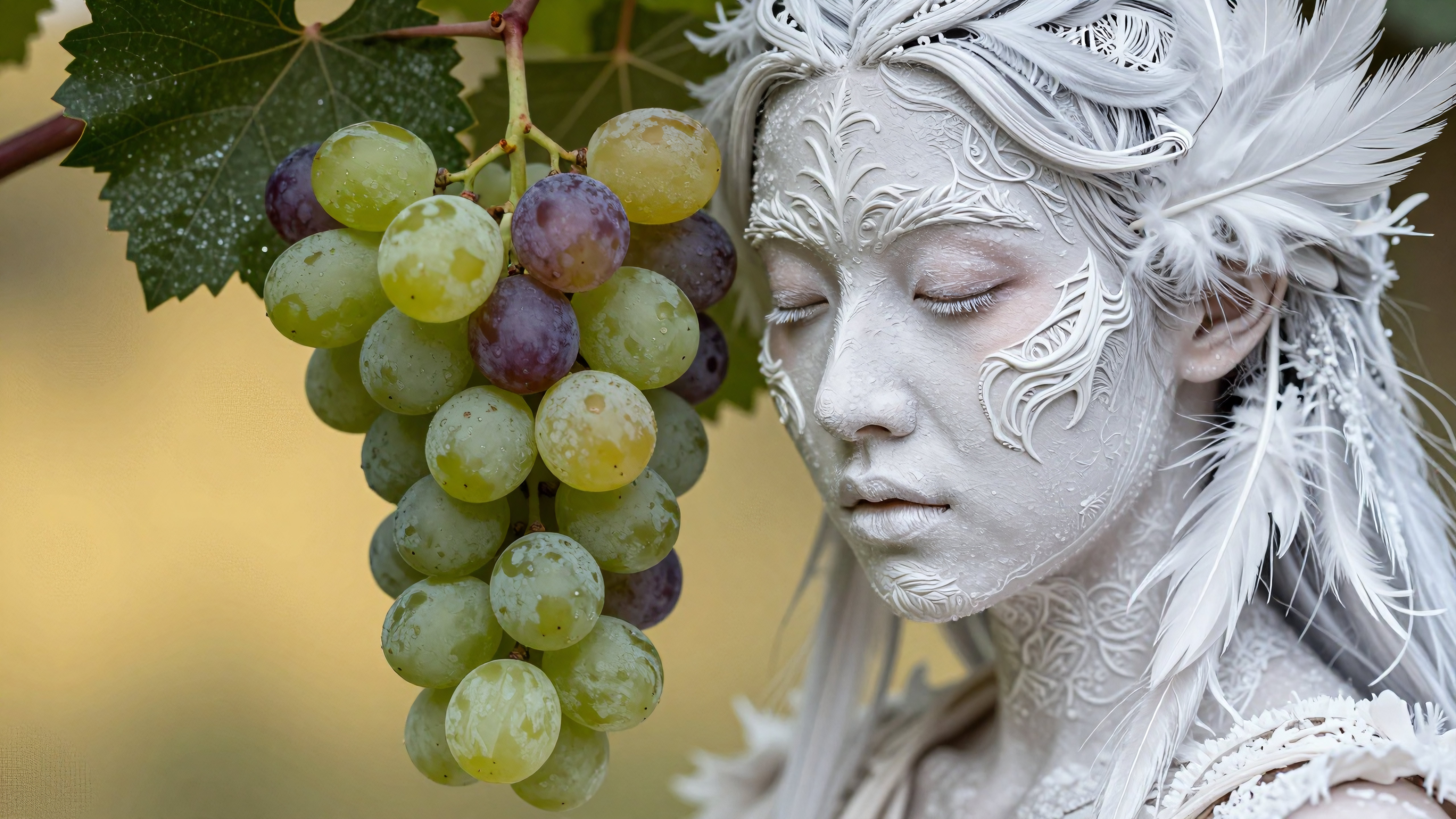 Ethereal fairy-like woman beside ripe grapes wearing feather headdress with intricate body paint in natural setting