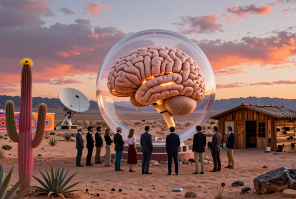 Scientists examine giant glowing brain sculpture in desert AI art concept
