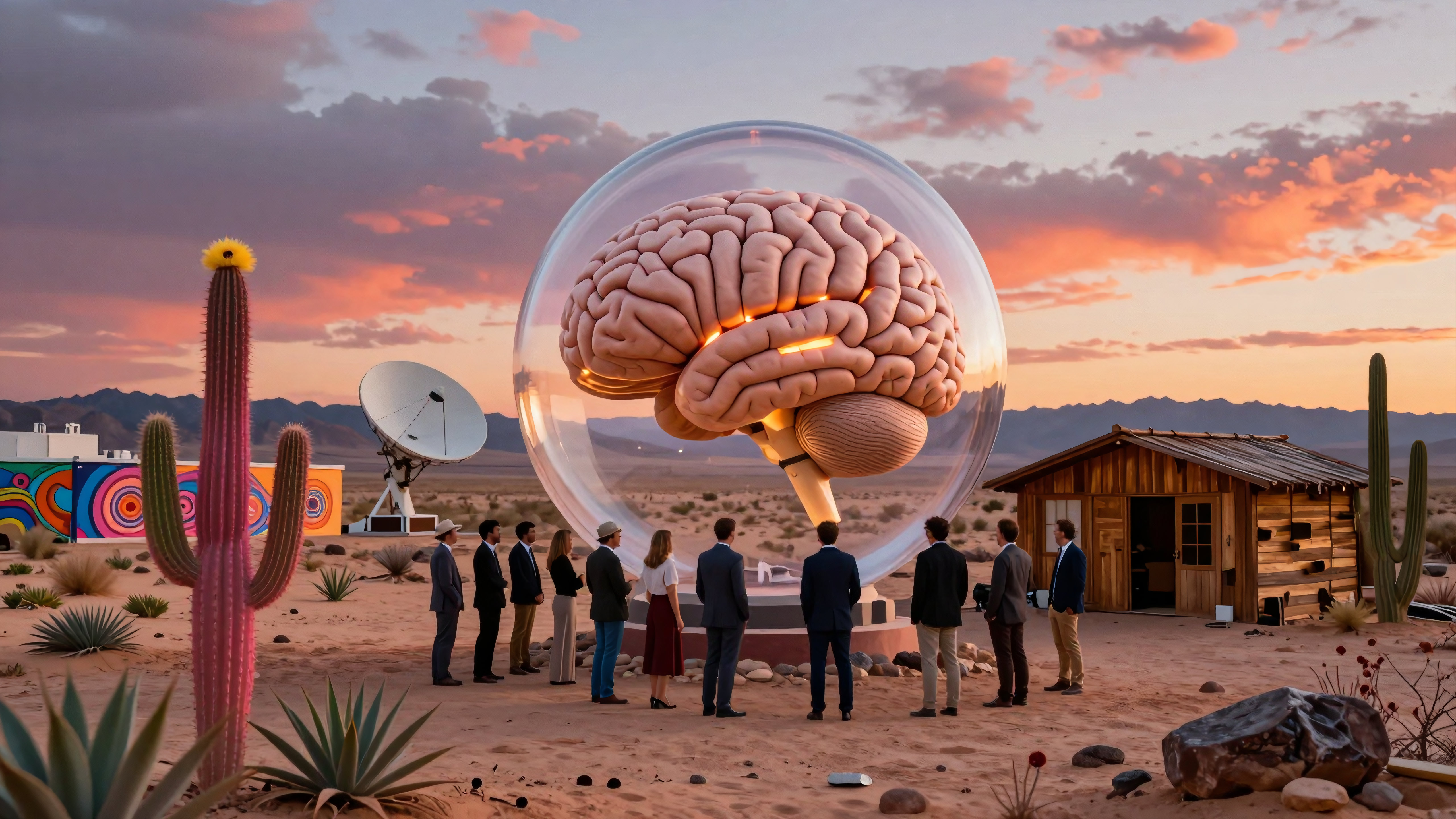 Scientists examine giant glowing brain sculpture in desert AI art concept