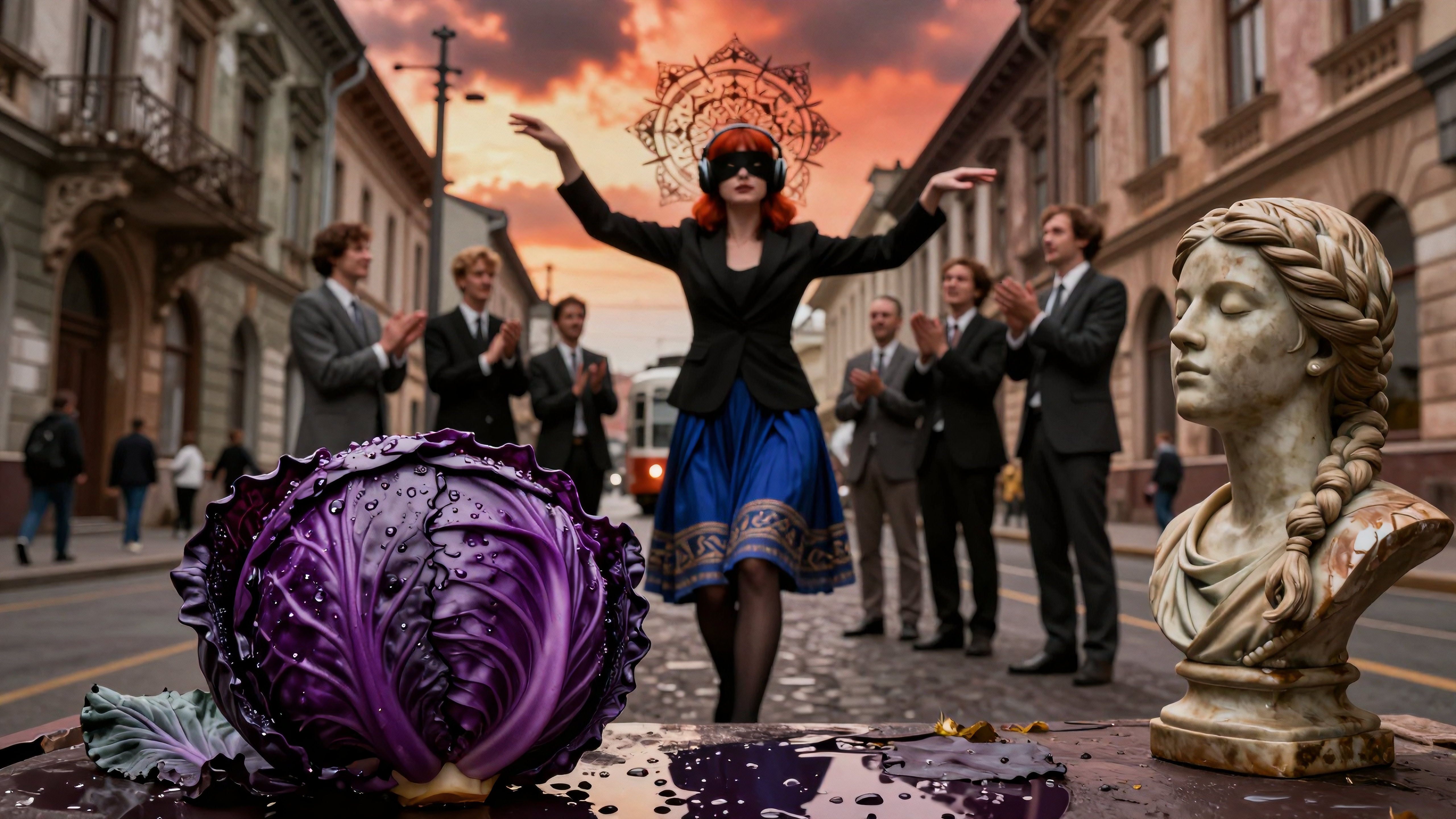 Woman dancing with purple cabbage and marble bust amid clapping crowd under dramatic sunset skies