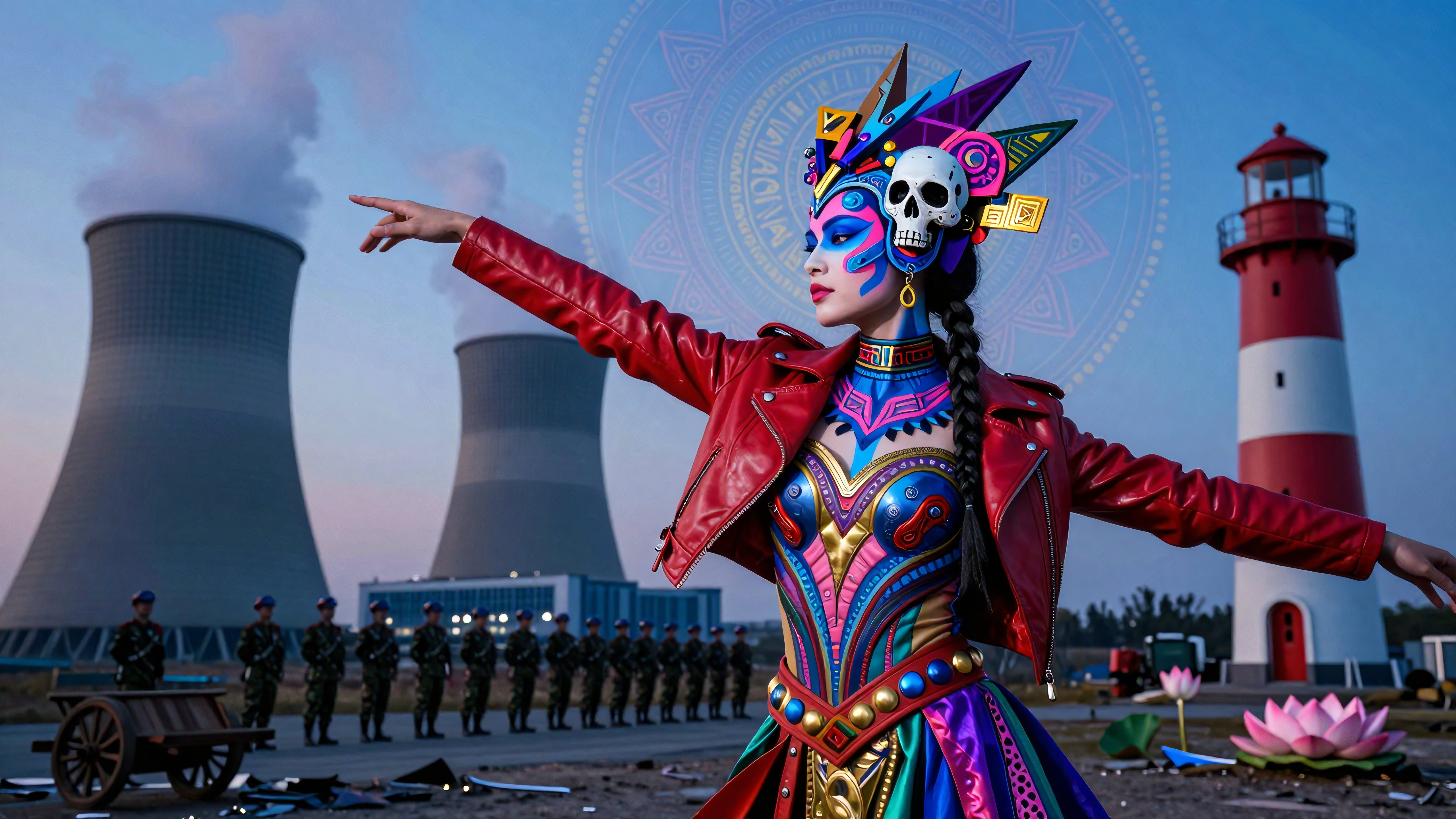 Woman wearing elaborate Day of the Dead inspired costume standing before nuclear plant and lighthouse surrounded by soldiers