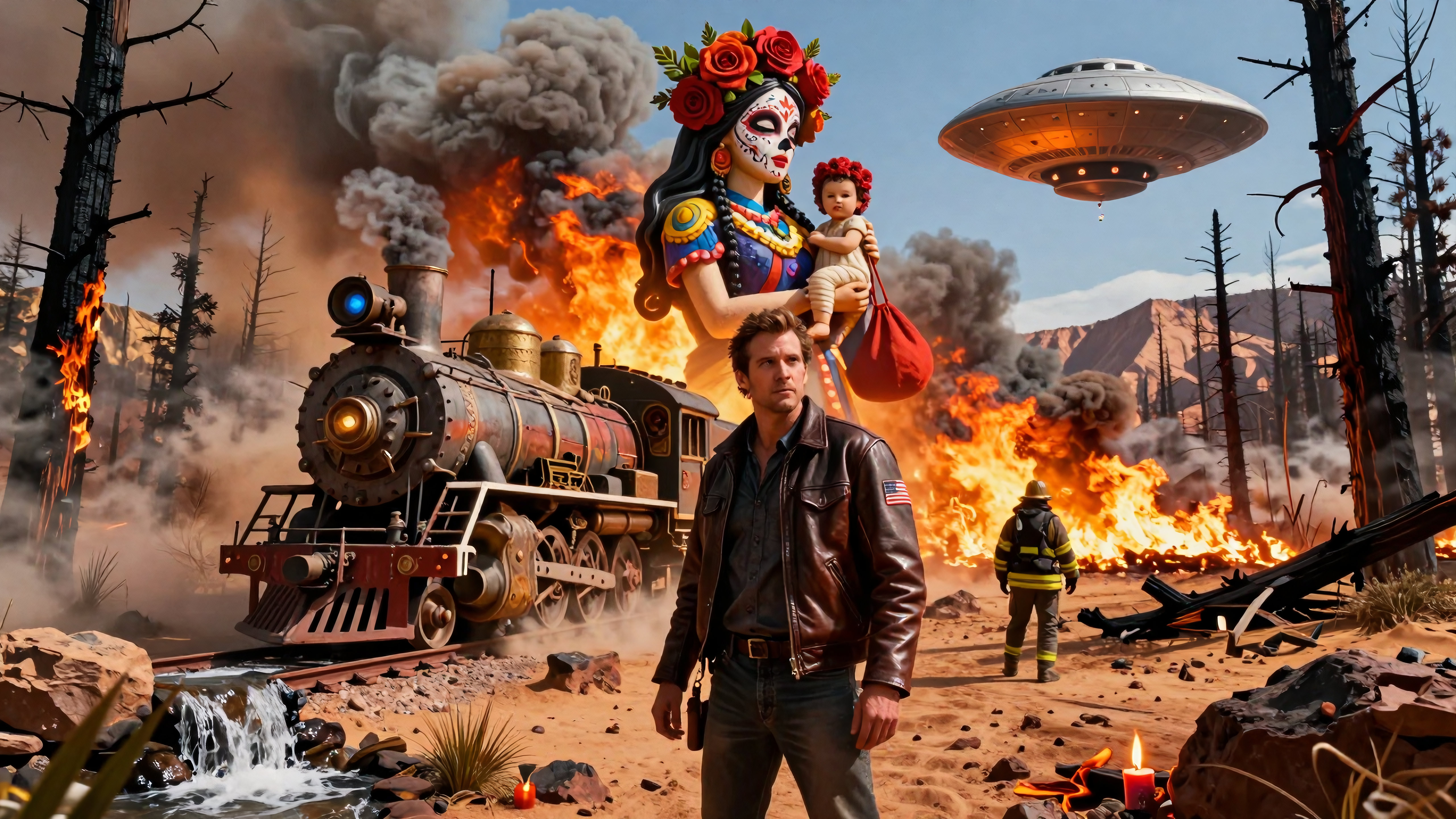 Apocalyptic scene featuring train, Day of the Dead goddess holding baby, UFO hovering over wildfire-ravaged landscape with firefighters nearby