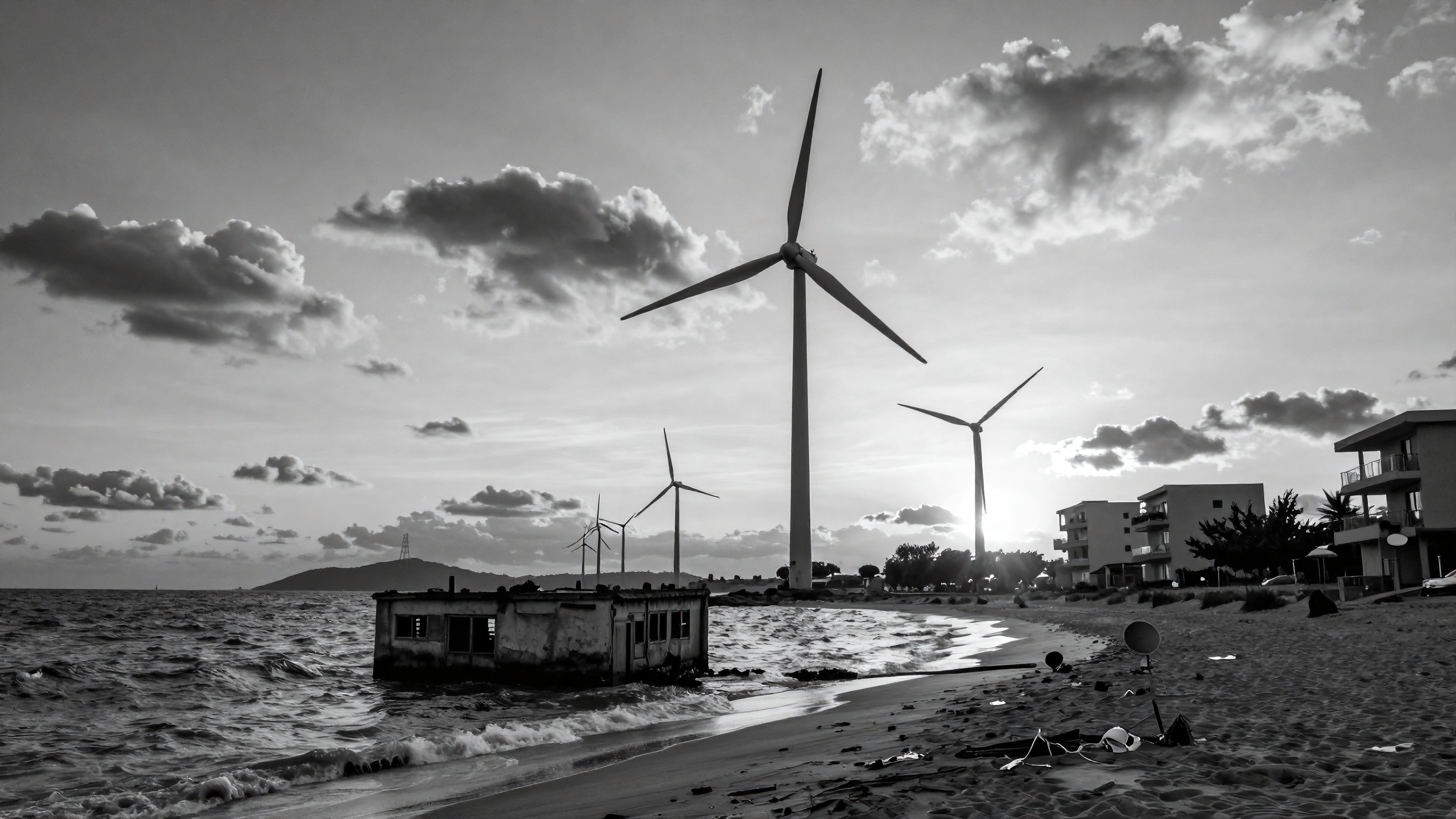 Black and white photo showing wind turbines near decaying seaside structures and waves crashing ashore