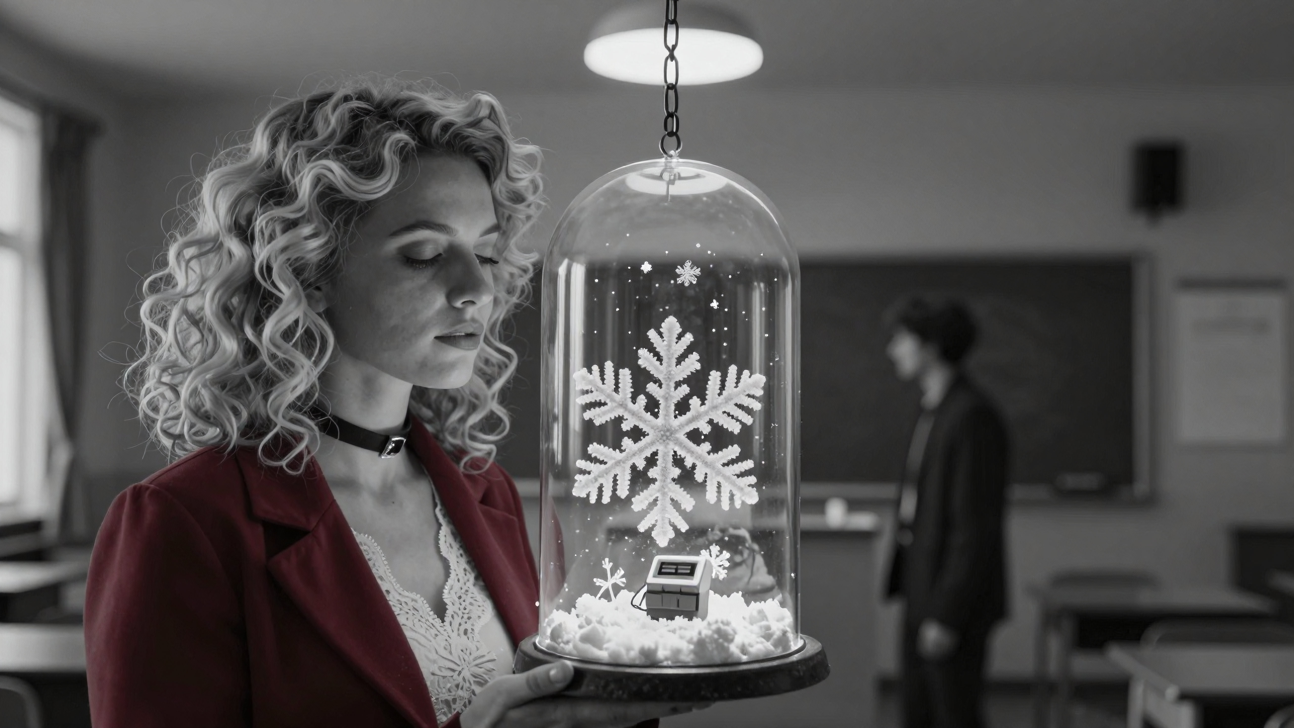 Woman holding mystical snow globe in classroom