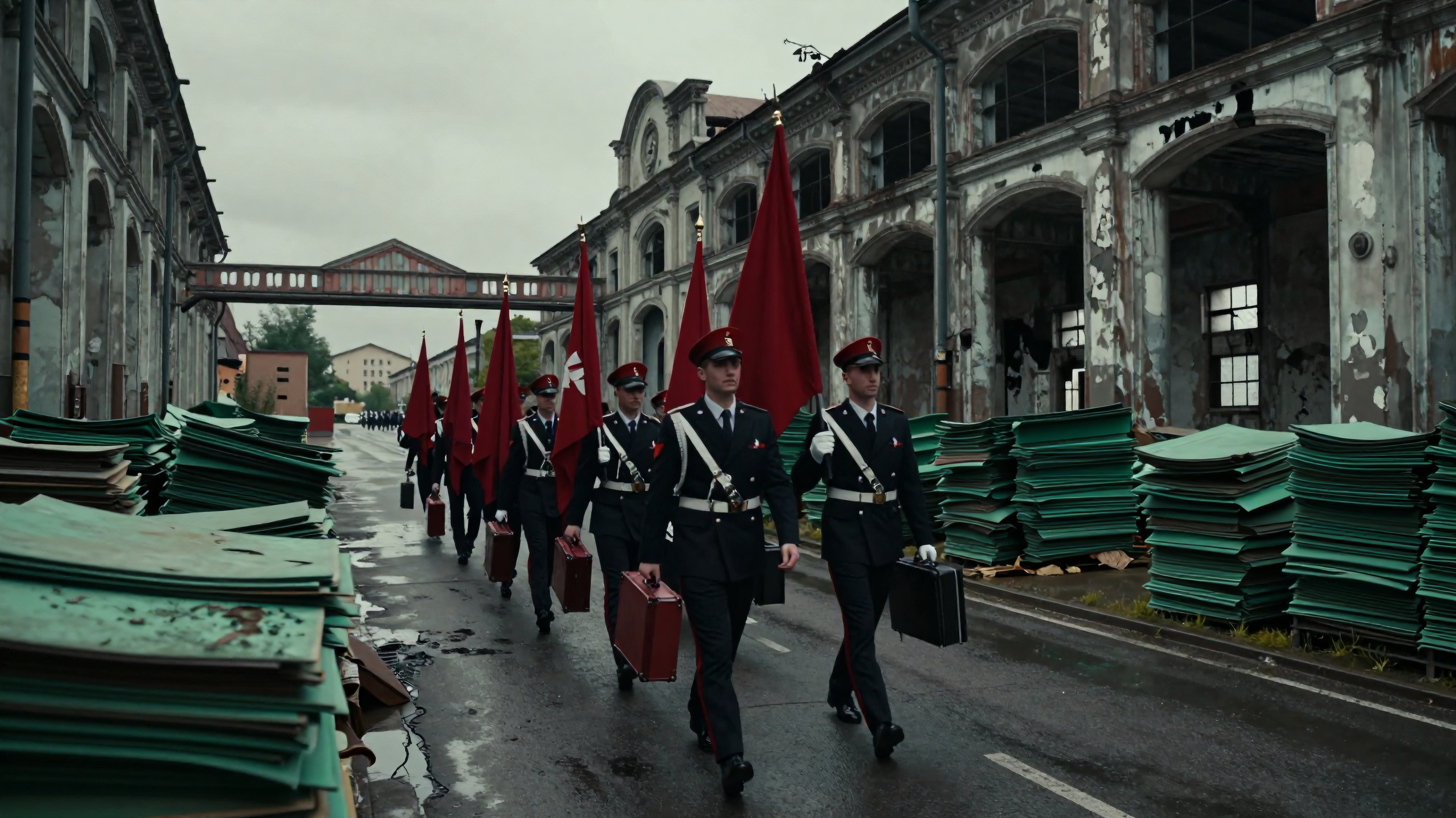 Soldiers carrying flags and suitcases walk down rainy alley between ruined factories