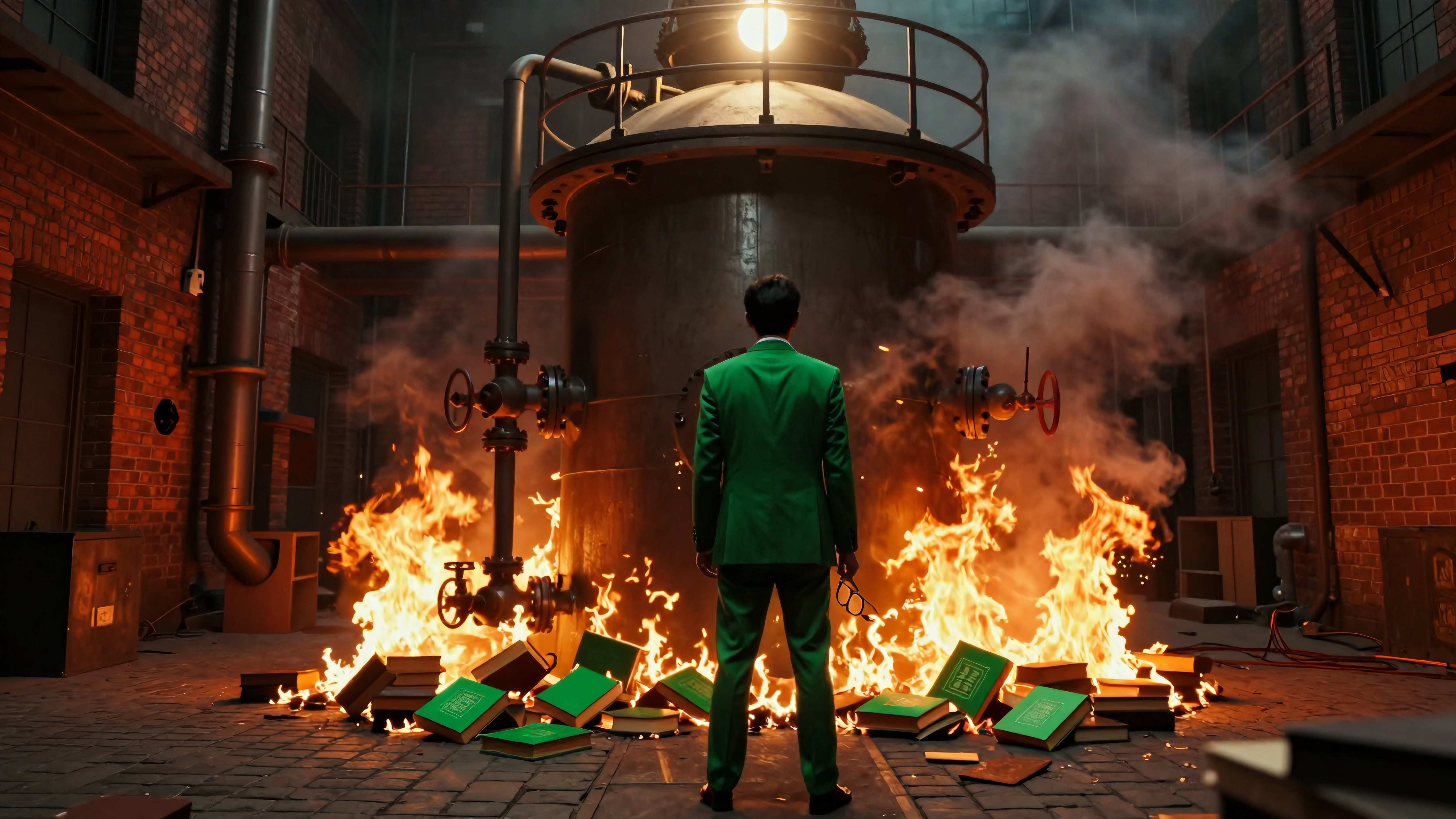 Man in green suit watching books burn in fiery industrial ruin