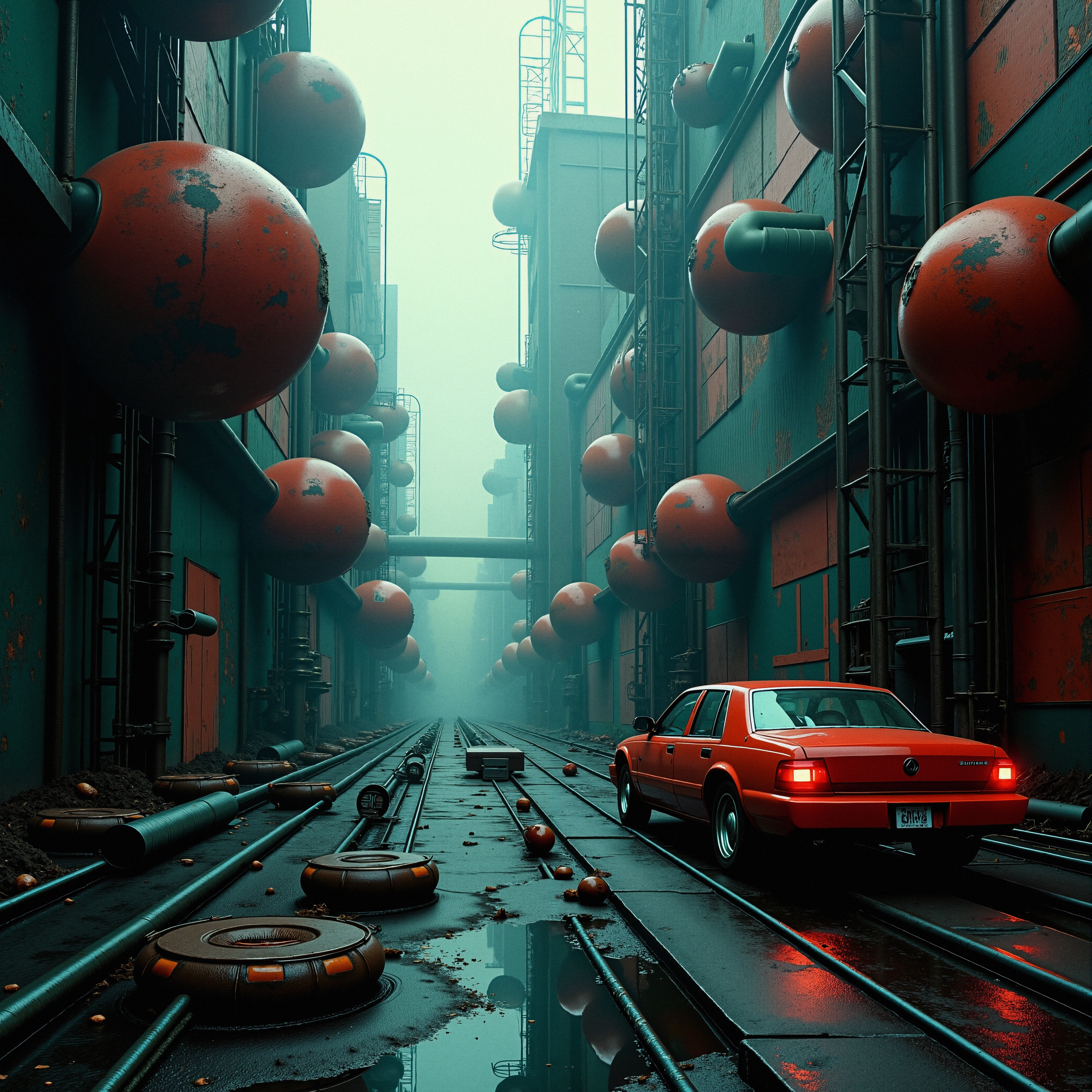 Futuristic Industrial Alley with Orange Spheres and Retro Car