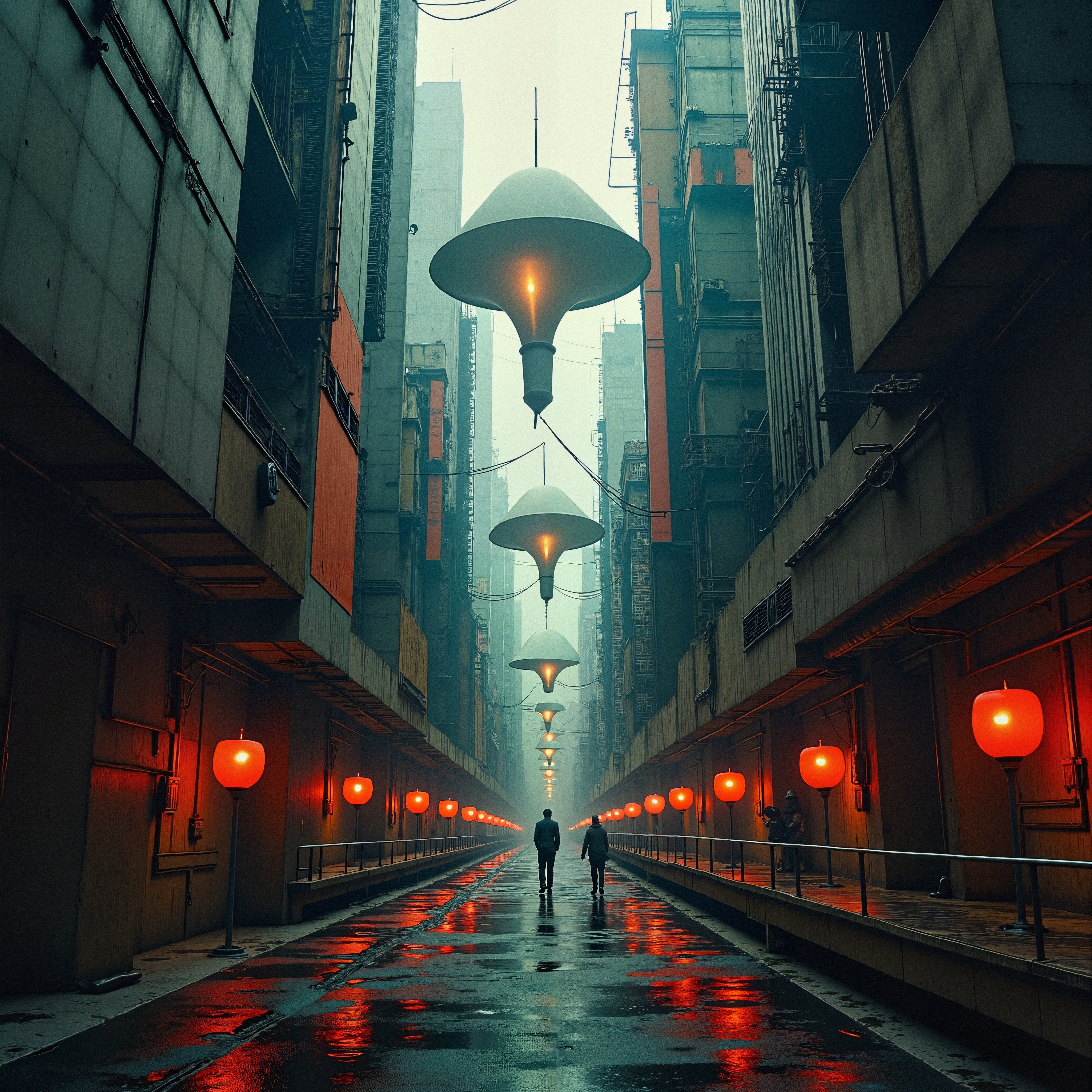 A futuristic urban alleyway illuminated by red lanterns and dome-shaped lights at night.