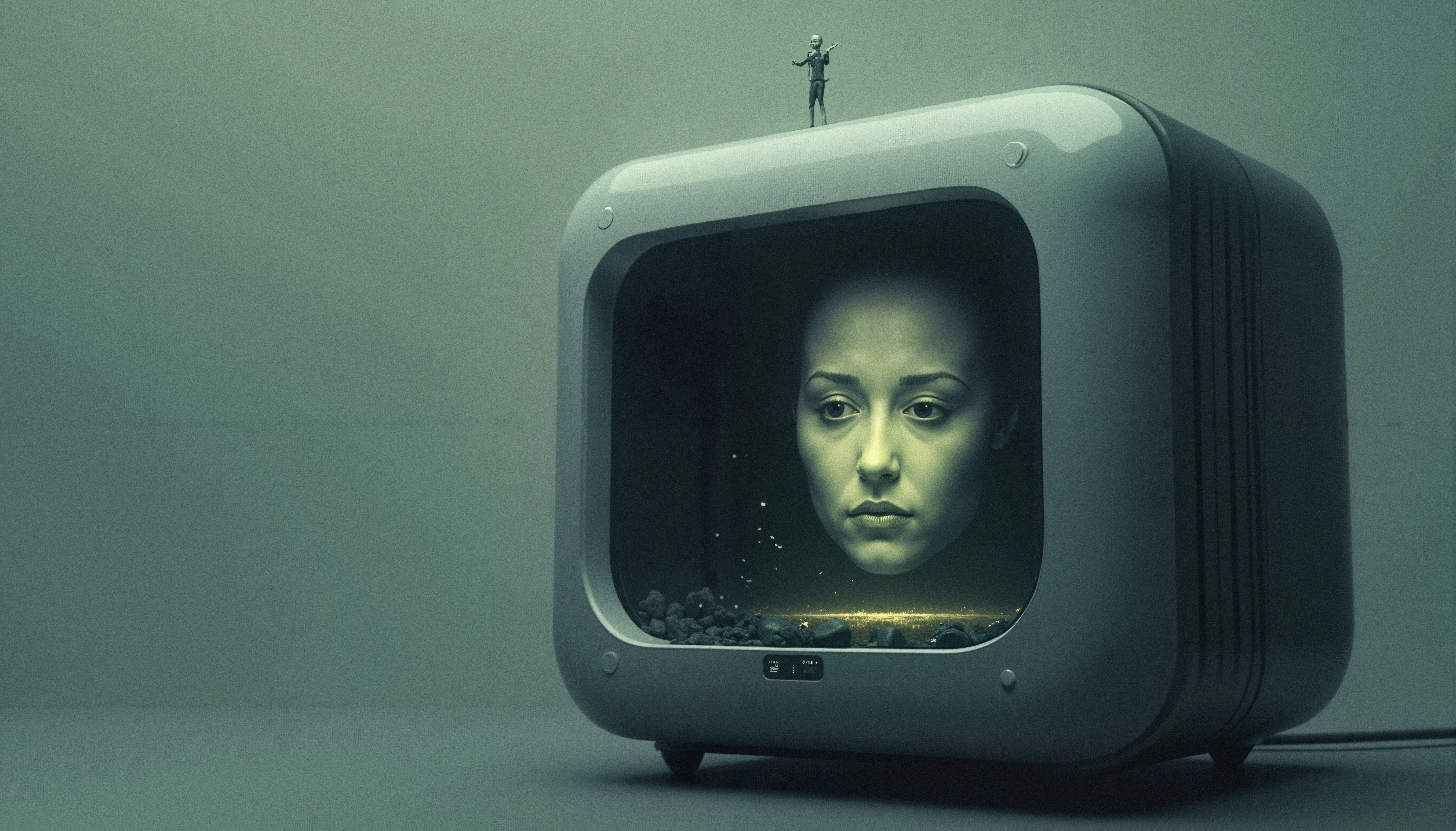 A retro-futuristic image featuring a woman’s glowing face inside a vintage television with a tiny figure atop.