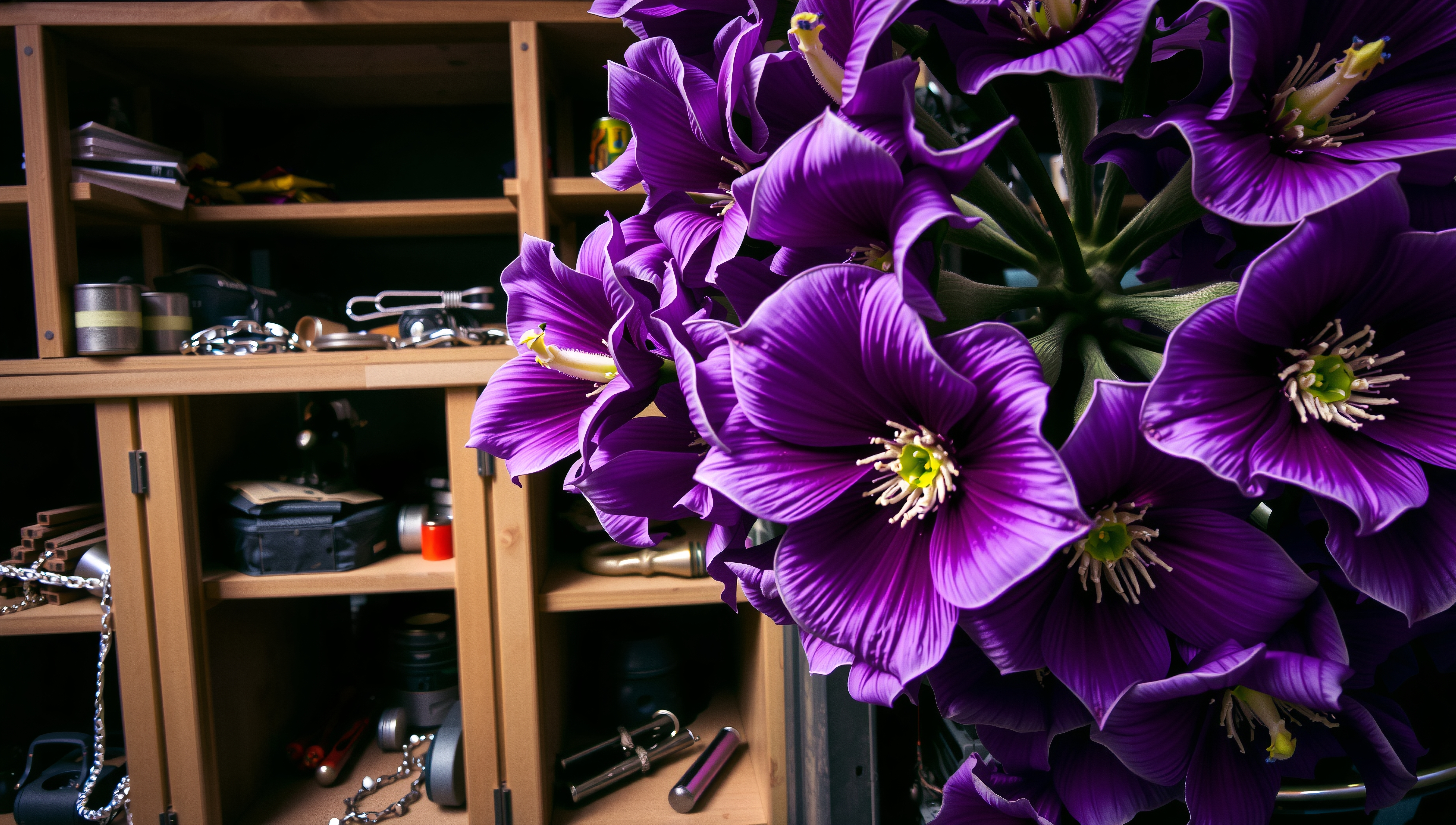 Vivid purple flowers set against wooden shelves with various items, adding a striking contrast and vibrant aesthetic.