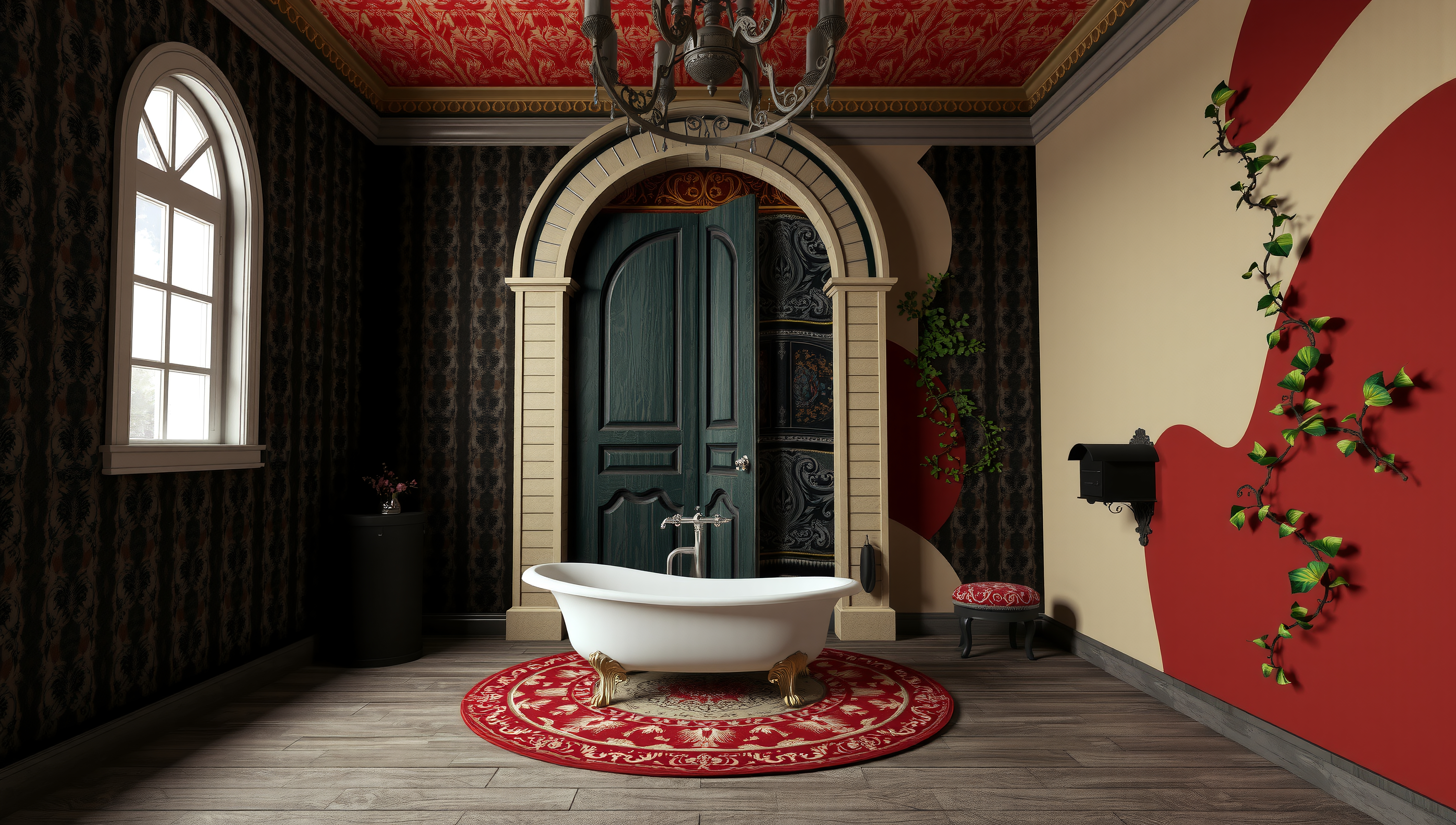 Luxurious vintage bathroom with clawfoot bathtub.