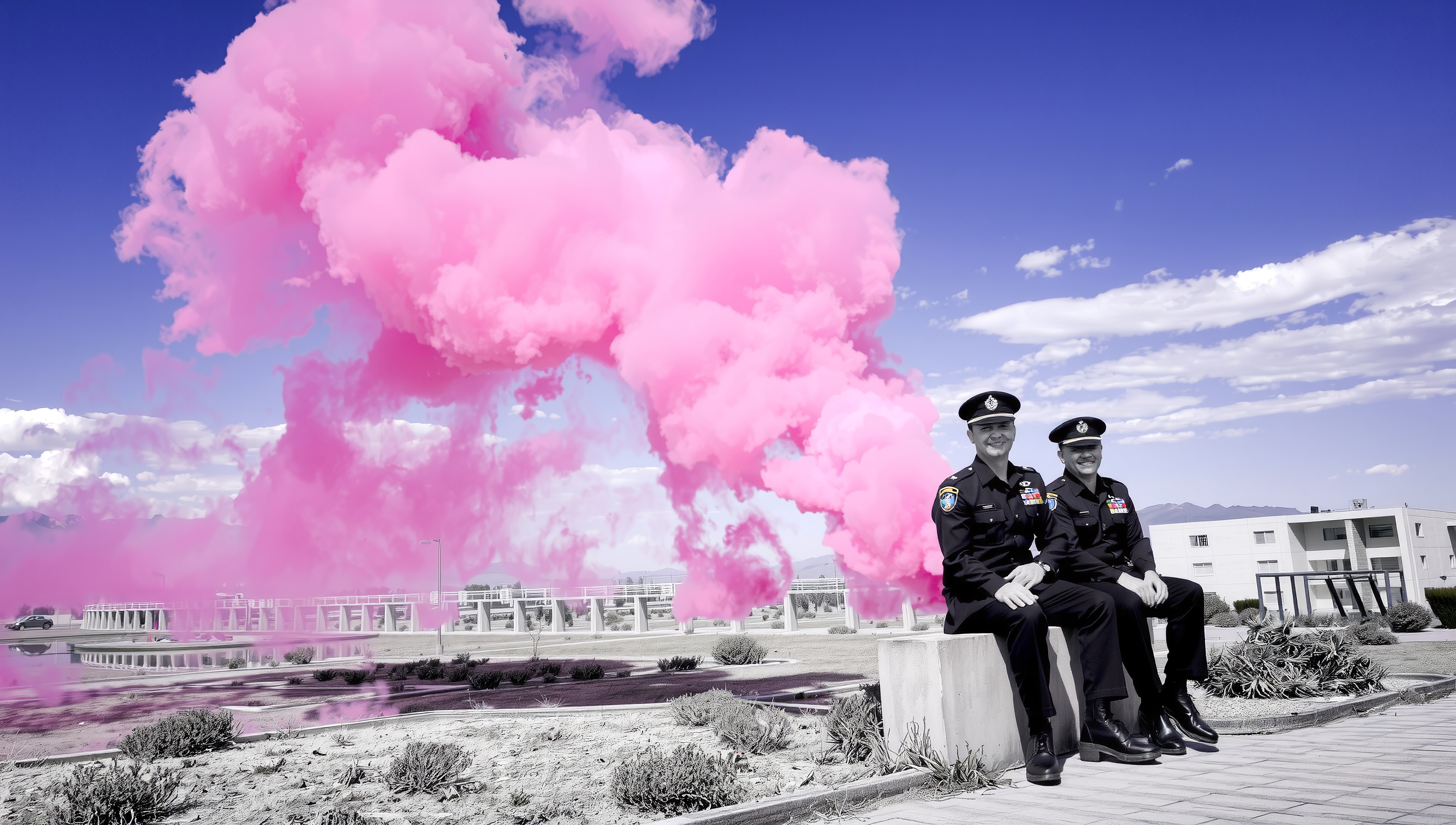 Two officers seated outdoors with a vivid pink smoke cloud behind them under a blue sky at a formal event.