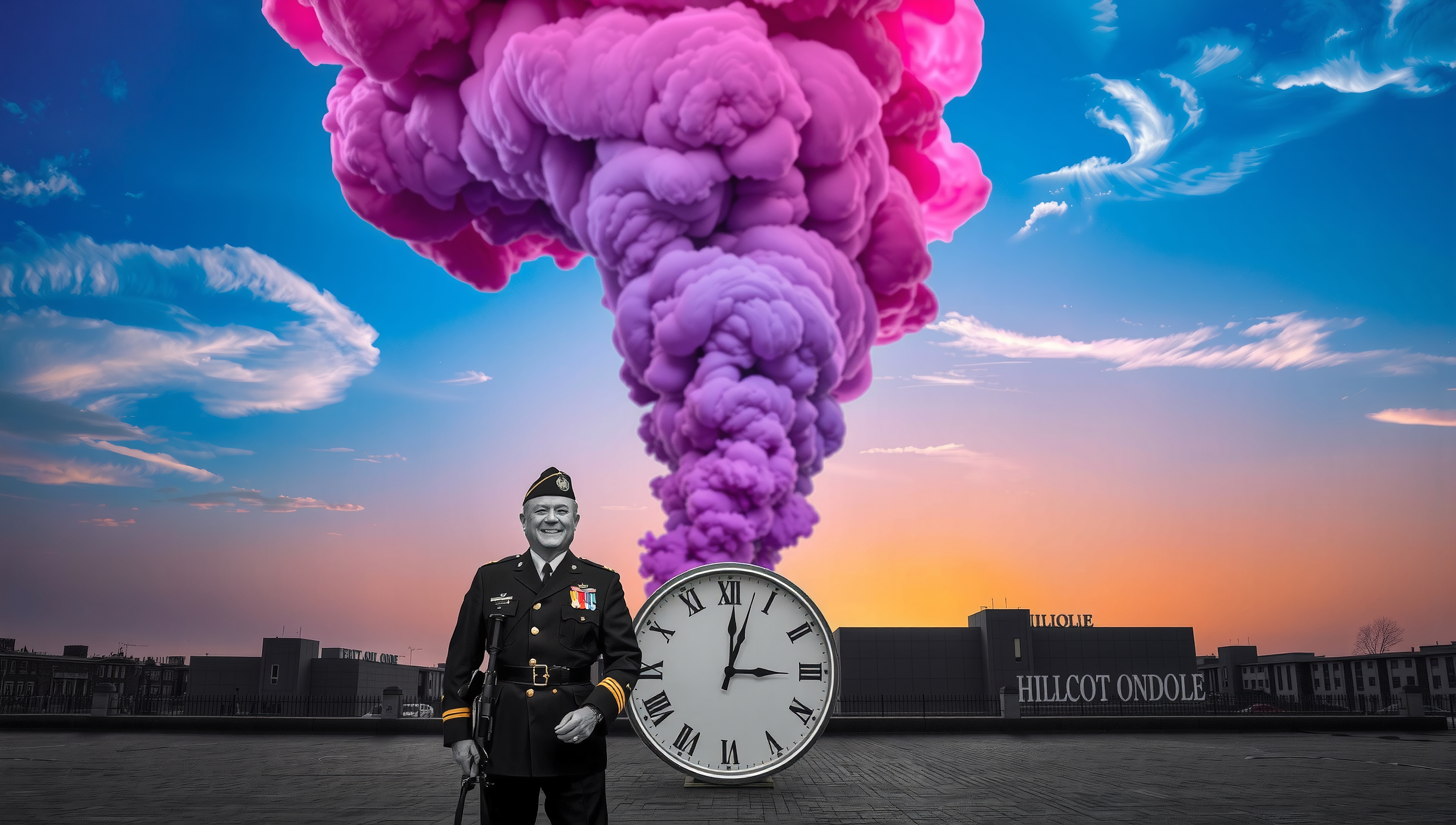 A man in military attire stands before a giant clock amidst vibrant smoke under a colorful sunset sky.
