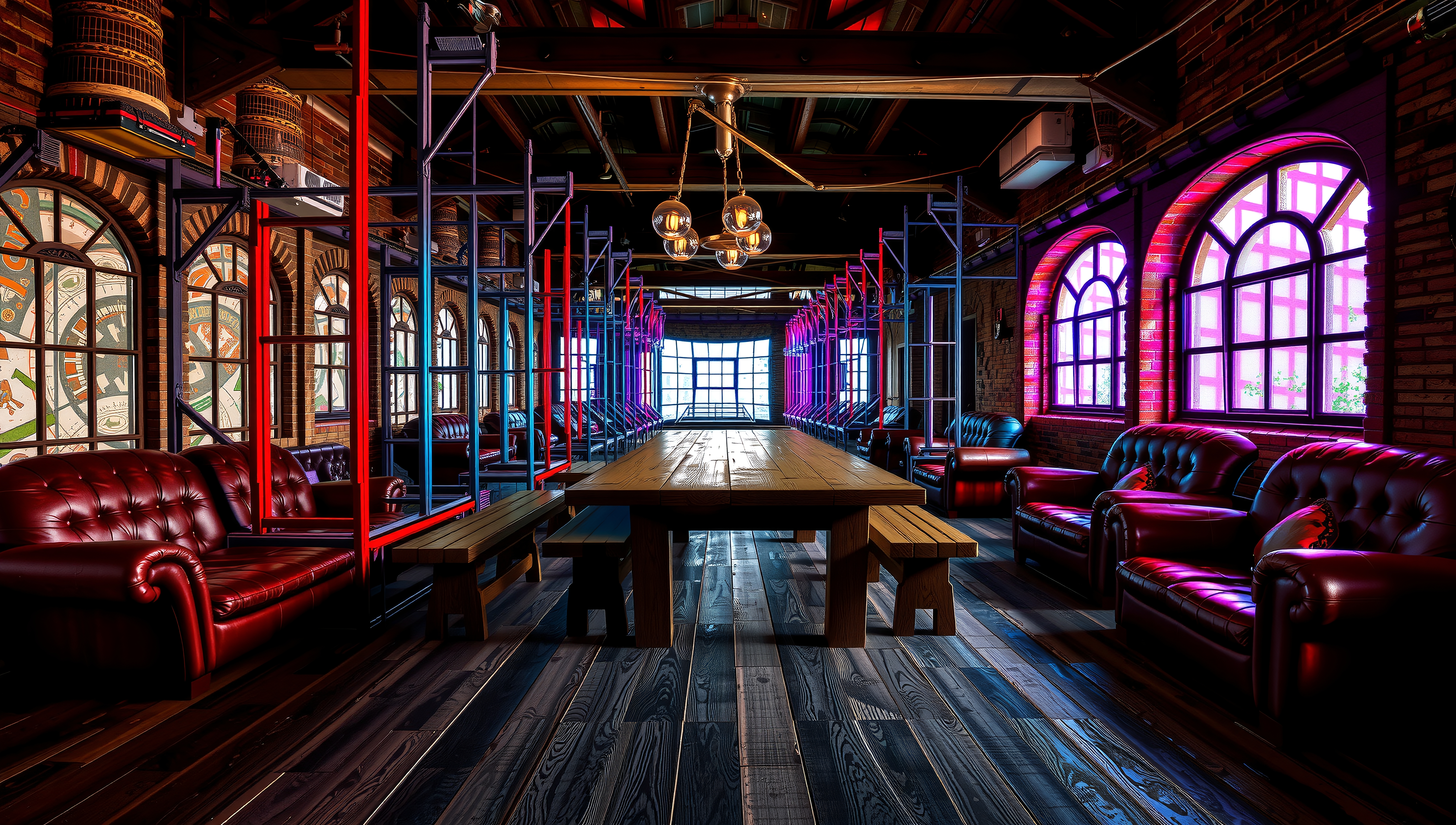 Spacious industrial room with leather sofas, large table, and colorful stained glass windows.