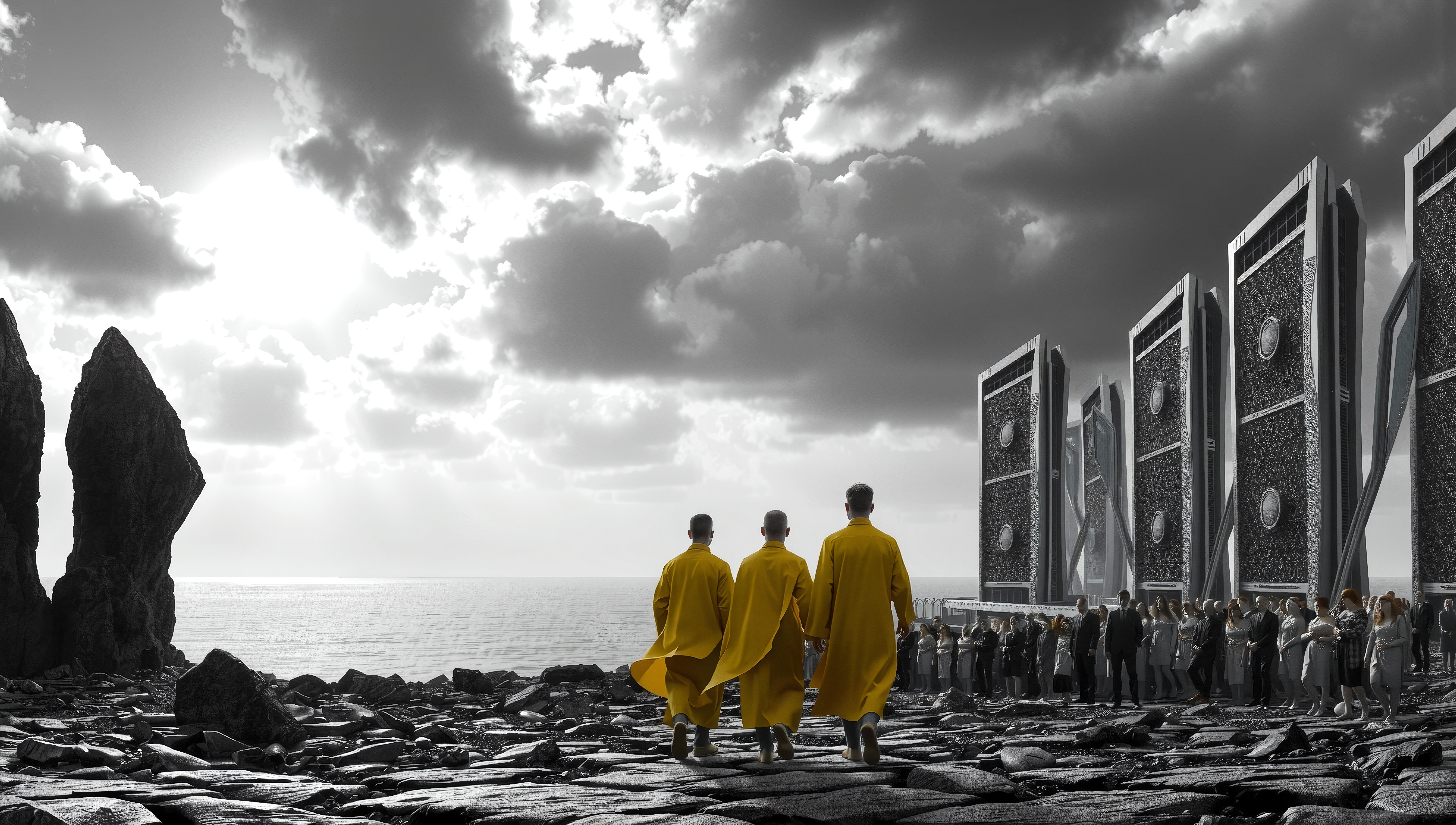 Three figures in yellow coats walk along a rocky shore towards futuristic structures under dramatic clouds.