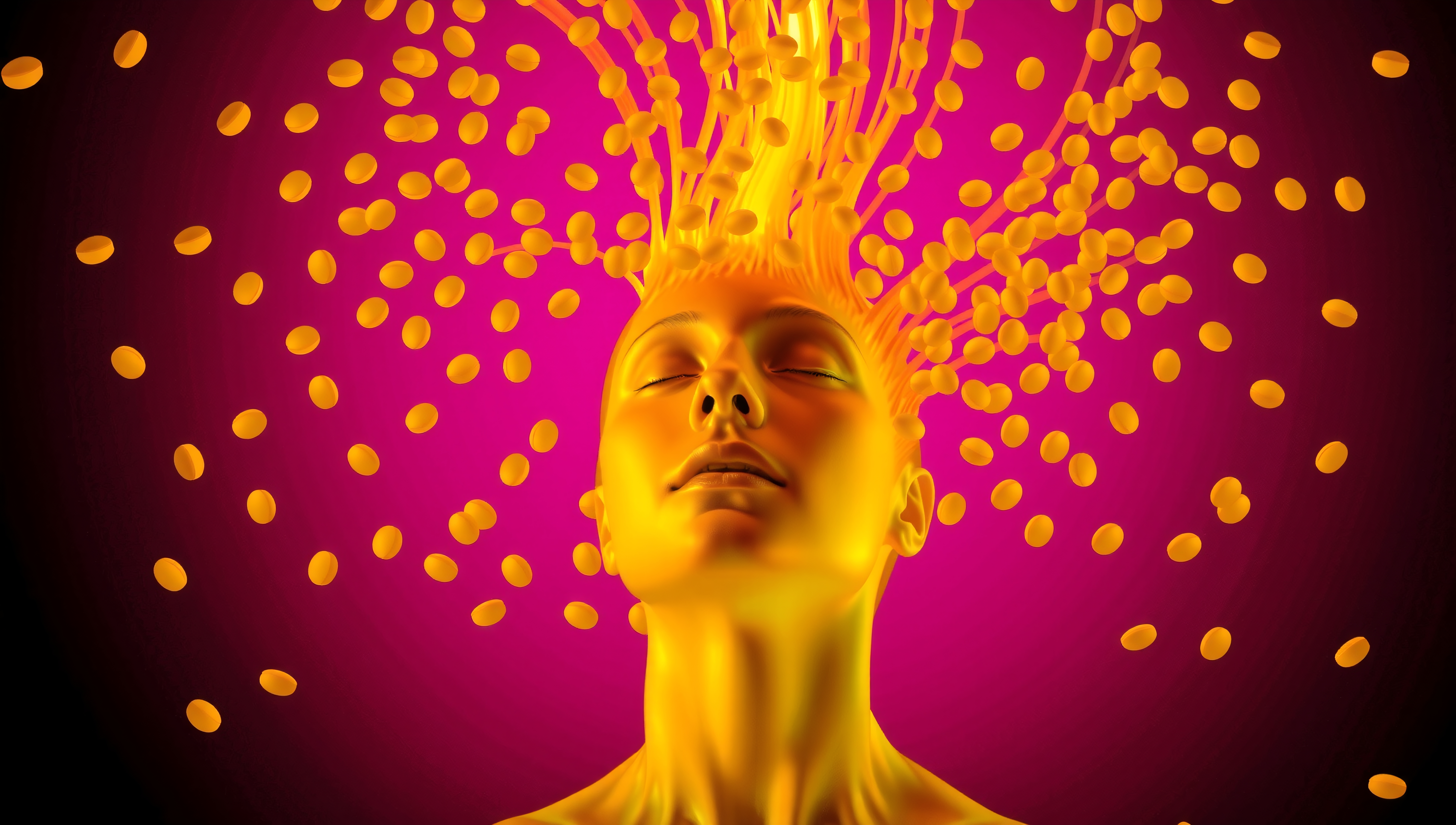 Golden figure with floating yellow spheres on pink background, meditation energy concept