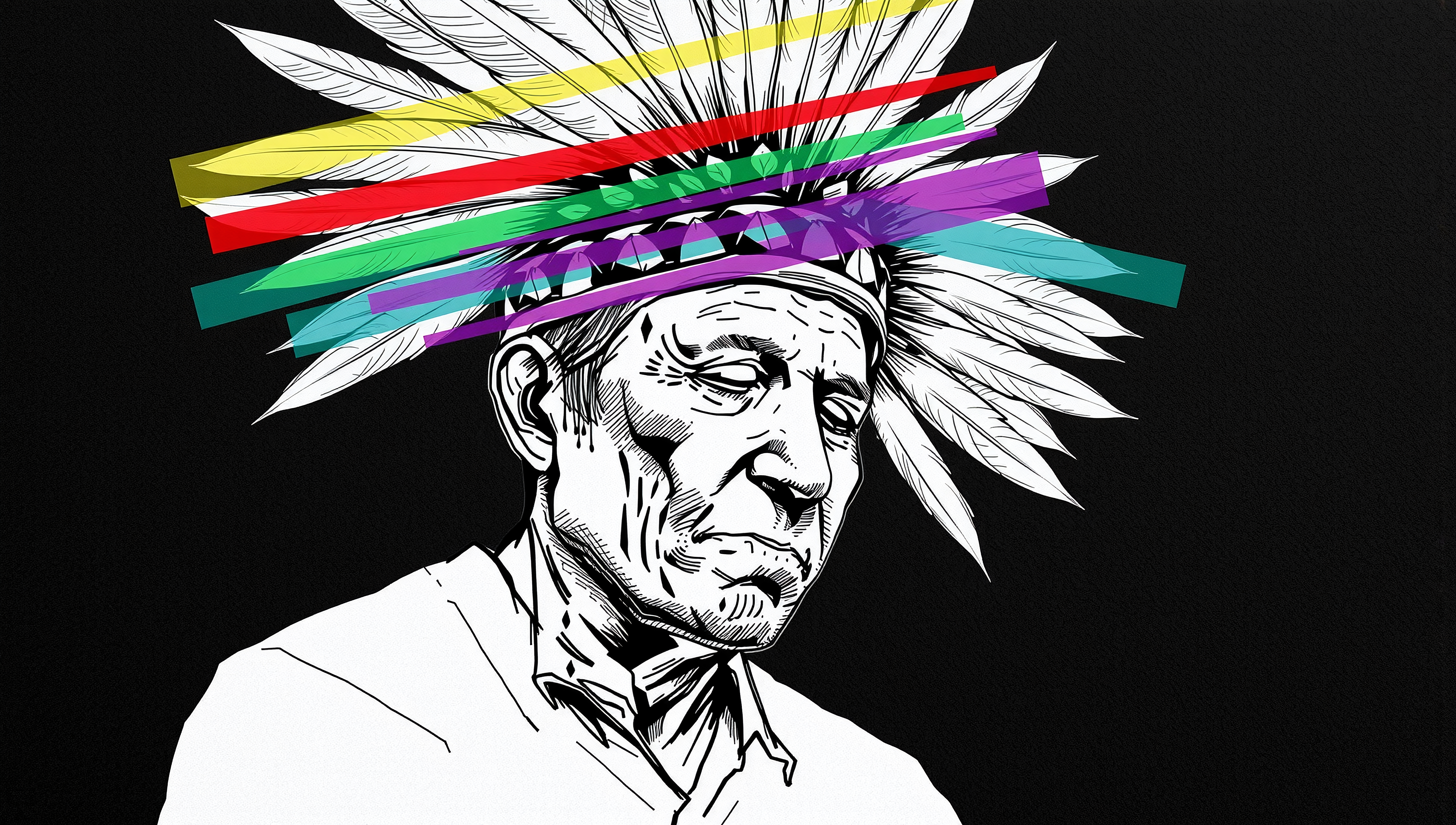 Stylized portrait of a man in a feathered headdress with colorful geometric bands.