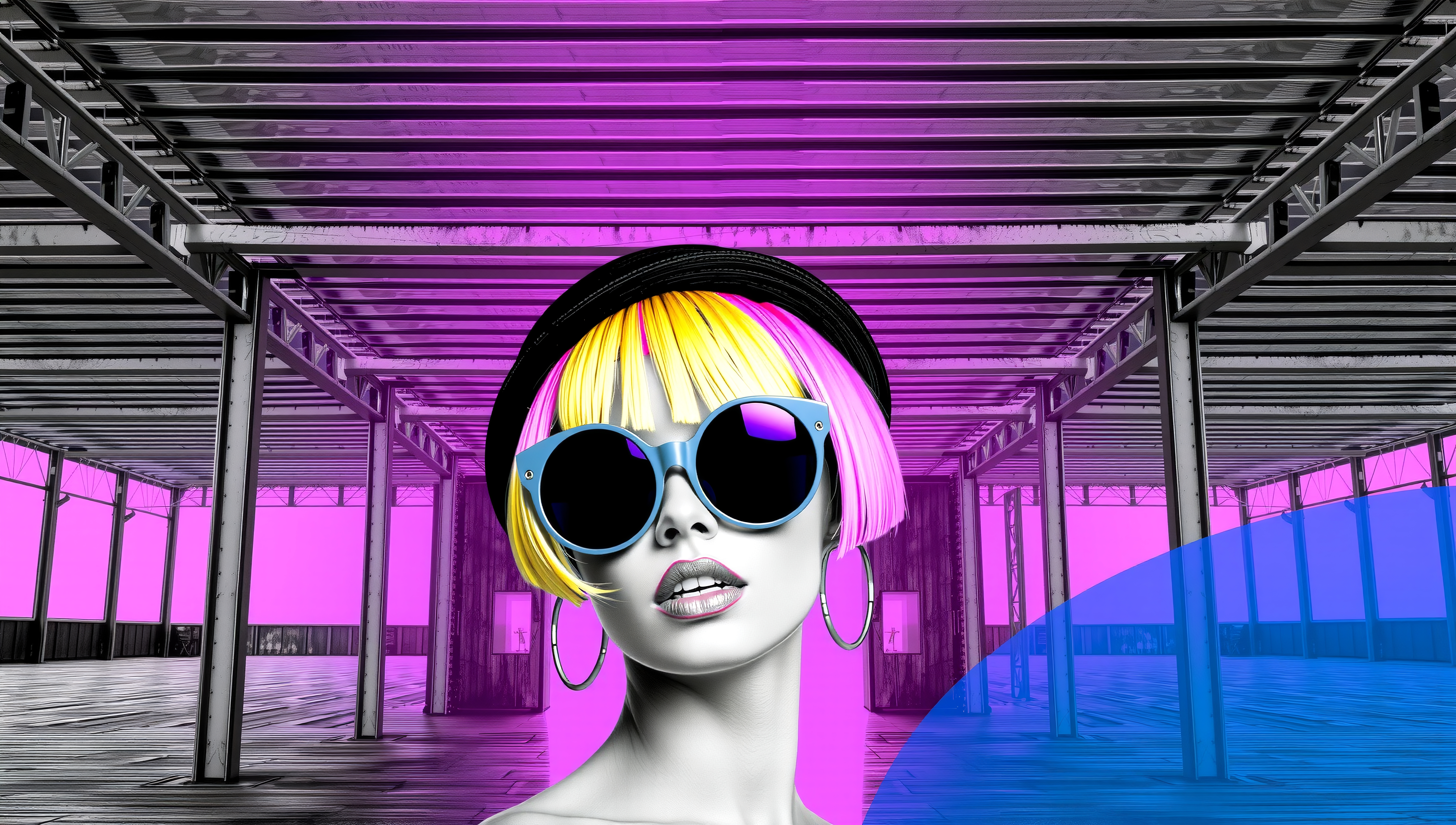 A monochrome woman with colorful hair and oversized sunglasses stands before an industrial structure with vibrant pink and blue tones, creating a pop art effect.