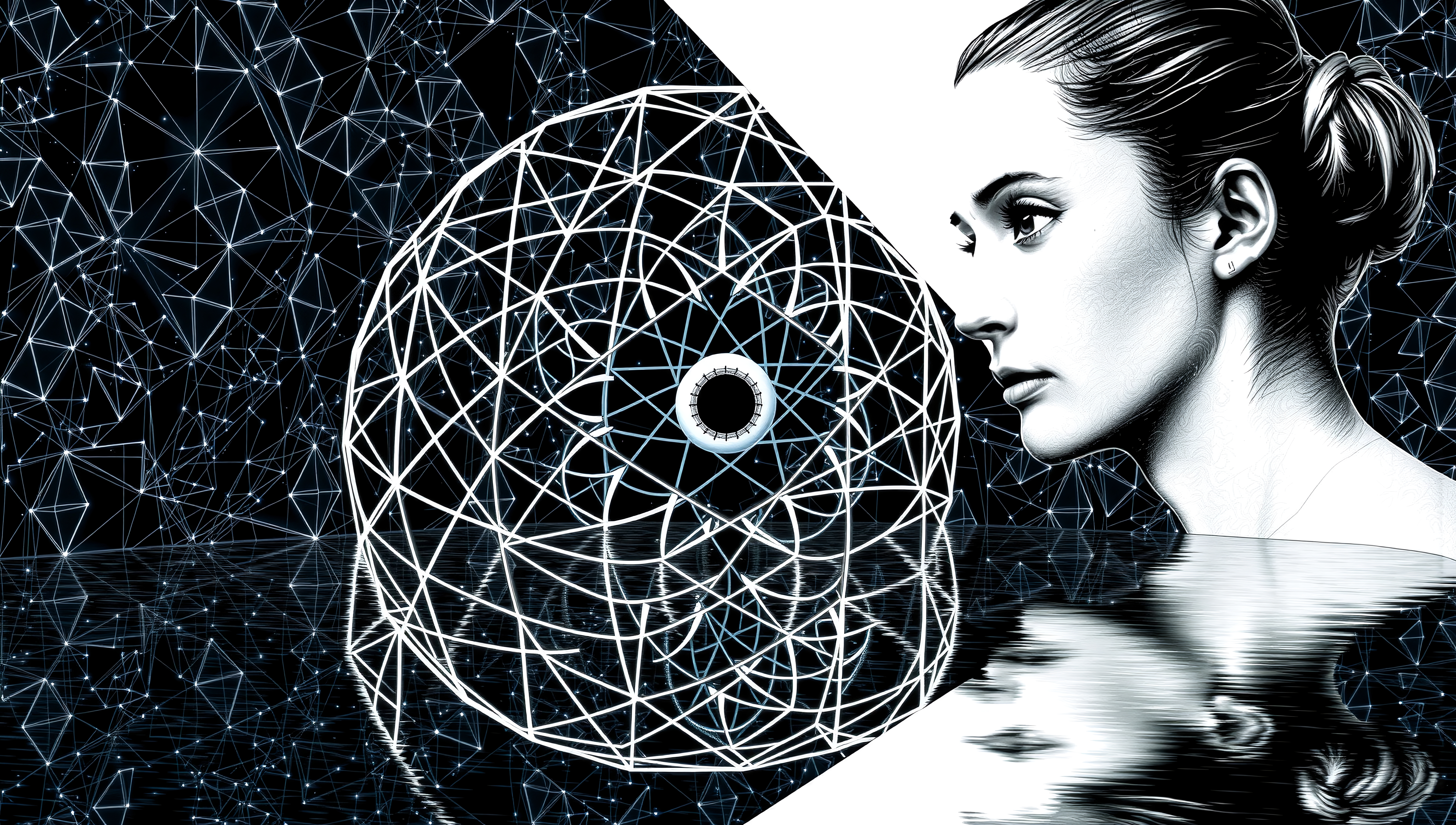 Profile of a woman gazing at intricate geometric dome with reflective surface.