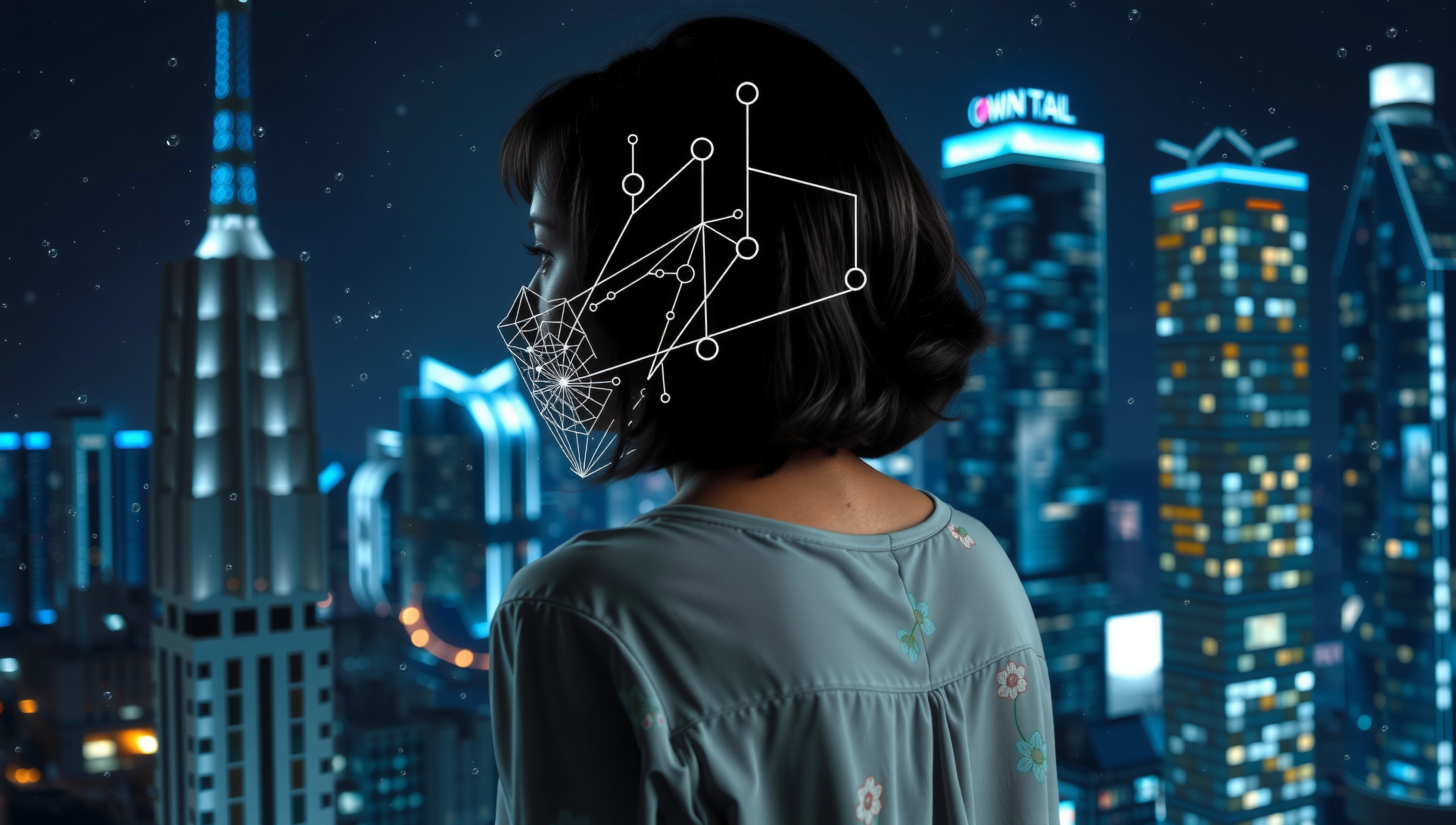 A woman with digital overlay stands against a futuristic city skyline at night.