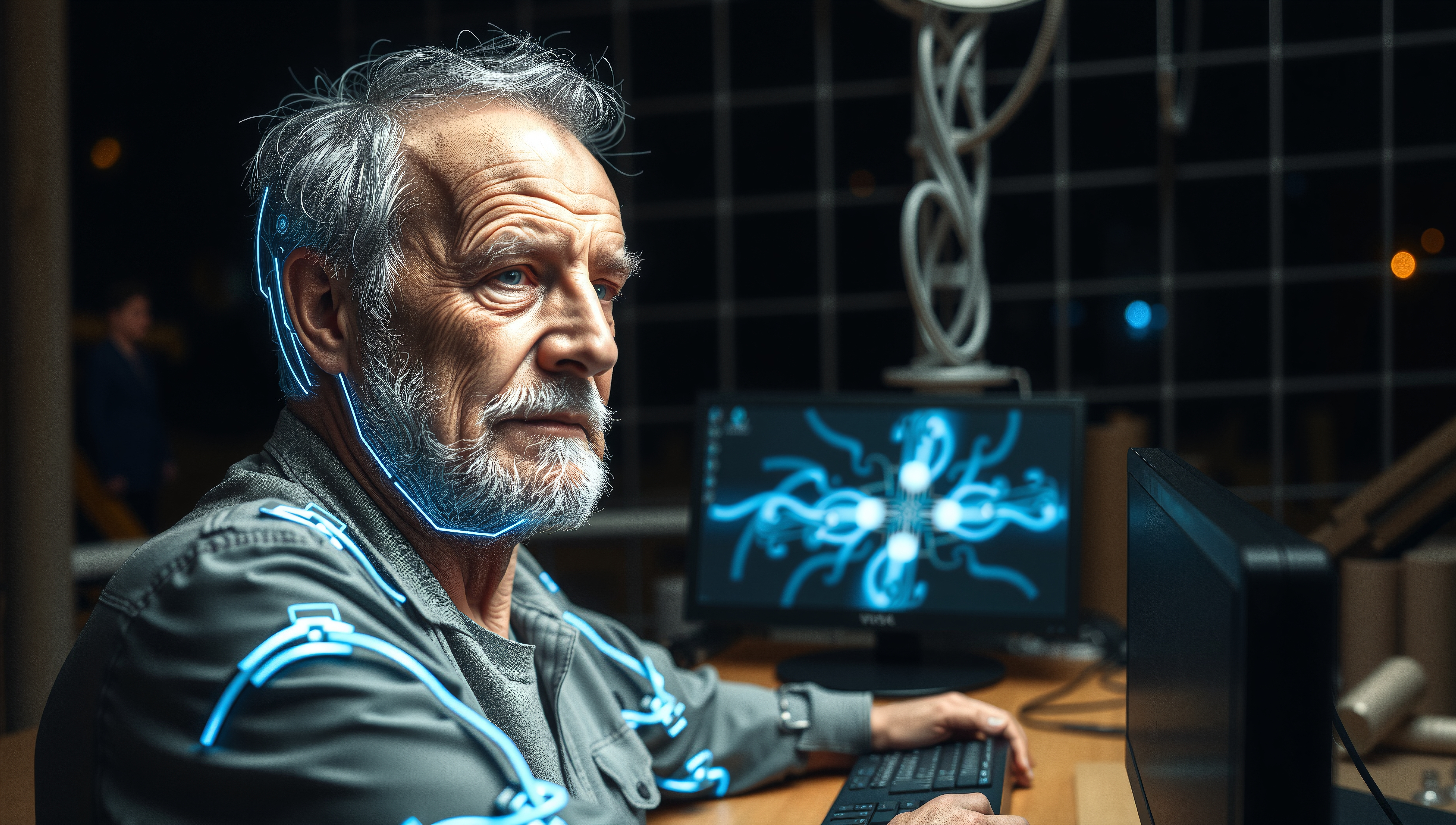 Cyber-enhanced elder researcher analyzing neural data on futuristic workstation