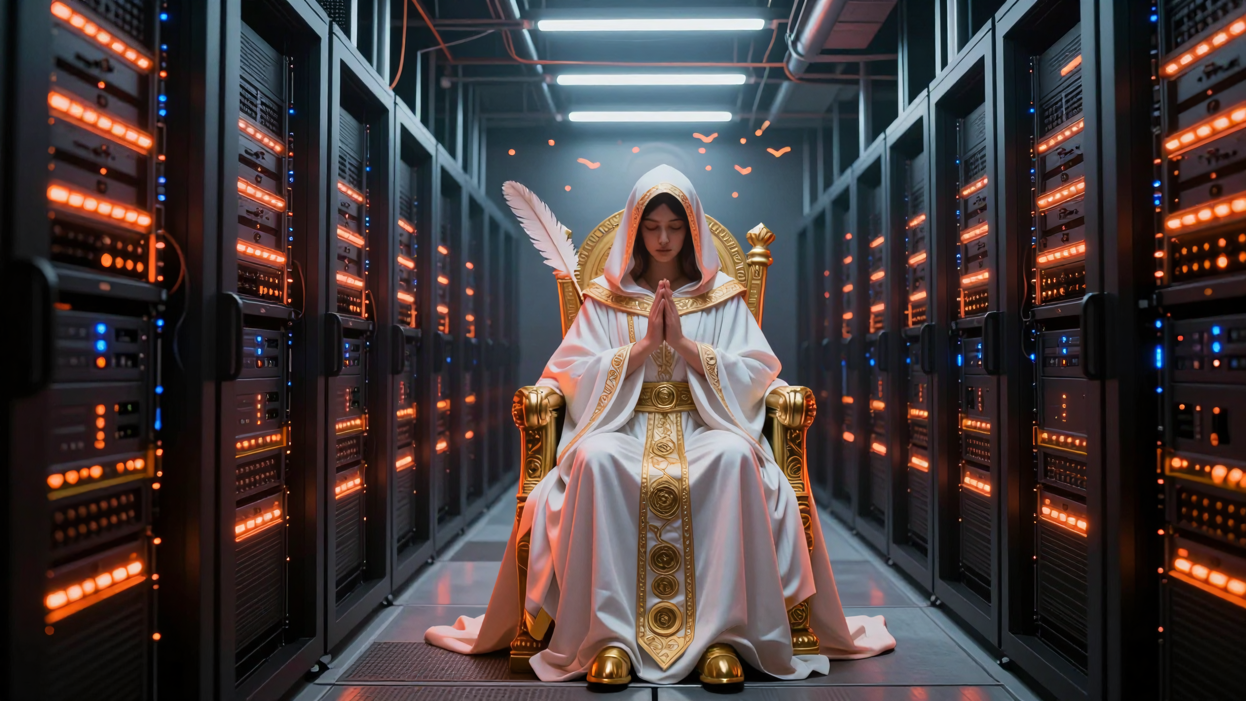 Divine figure seated in throne amidst futuristic server rooms symbolizing control over global data infrastructure